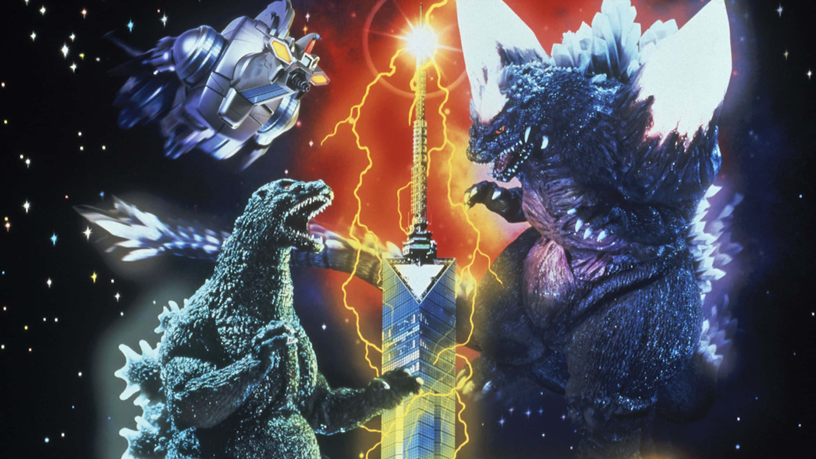 Godzilla Vs Spacegodzilla 桌布 壁紙 — 兩隻巨型怪獸在被閃電擊中的摩天大樓周圍碰撞，背景是繁星夜空和一台飛行機器人。