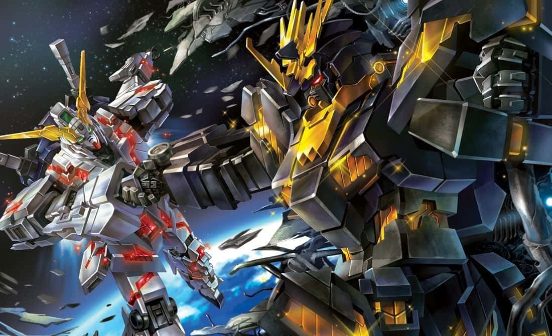 Gundam Unicorn 桌布 壁紙 — 兩隻巨型機甲在太空中碰撞，裝甲發光，碎片飛揚，背景是星空。