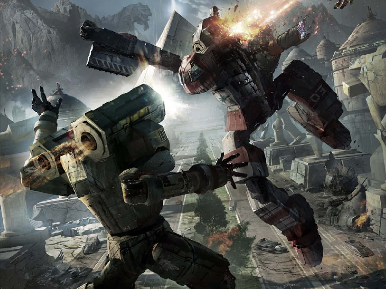 Battletech 桌布 壁紙 — 兩隻巨型機甲在破碎的未來城市景觀中激烈交戰，周圍是 crumbling 的圓頂和煙霧。