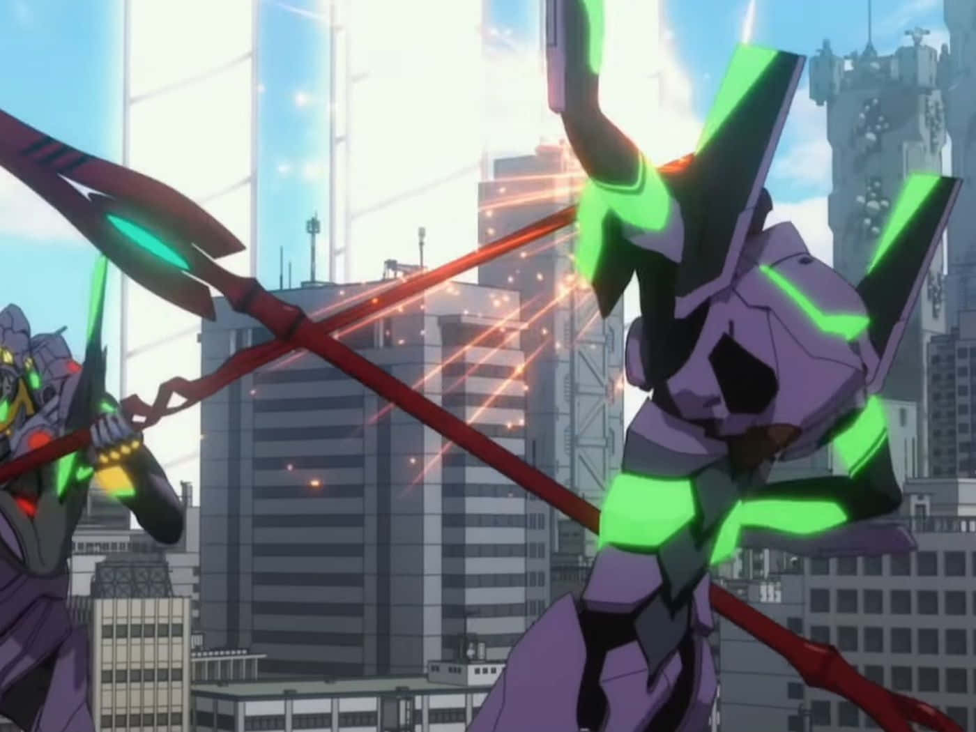 Adam Evangelion 桌布 壁紙 — 兩隻巨型紫色機器人在城市景觀中碰撞，發出發光的綠色和紅色能量光束。