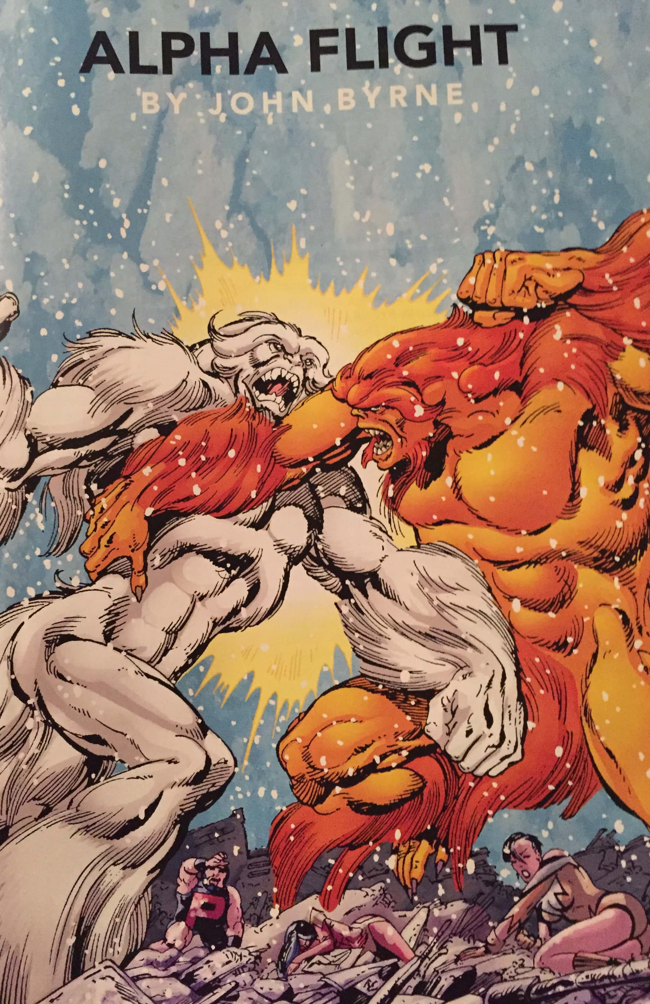Alpha Flight 桌布 壁紙 — 兩隻巨大的人形野獸在雪地戰鬥中碰撞，一隻白色，一隻火橙色，下方有較小的人物。
