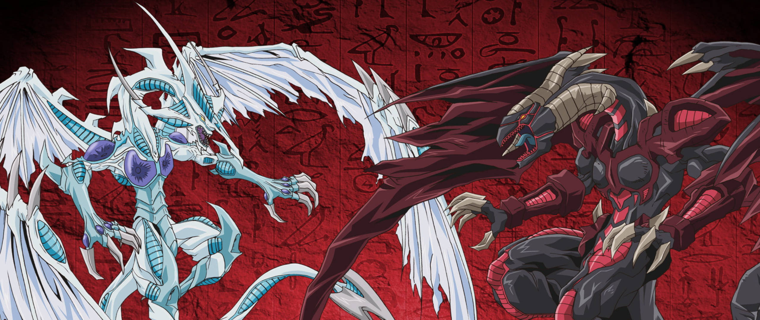 Yugioh 桌布 壁紙 — 兩隻巨大的動漫龍在戰鬥——一隻冰白色和一隻火紅色——以血紅色的古老象形文字牆為背景。