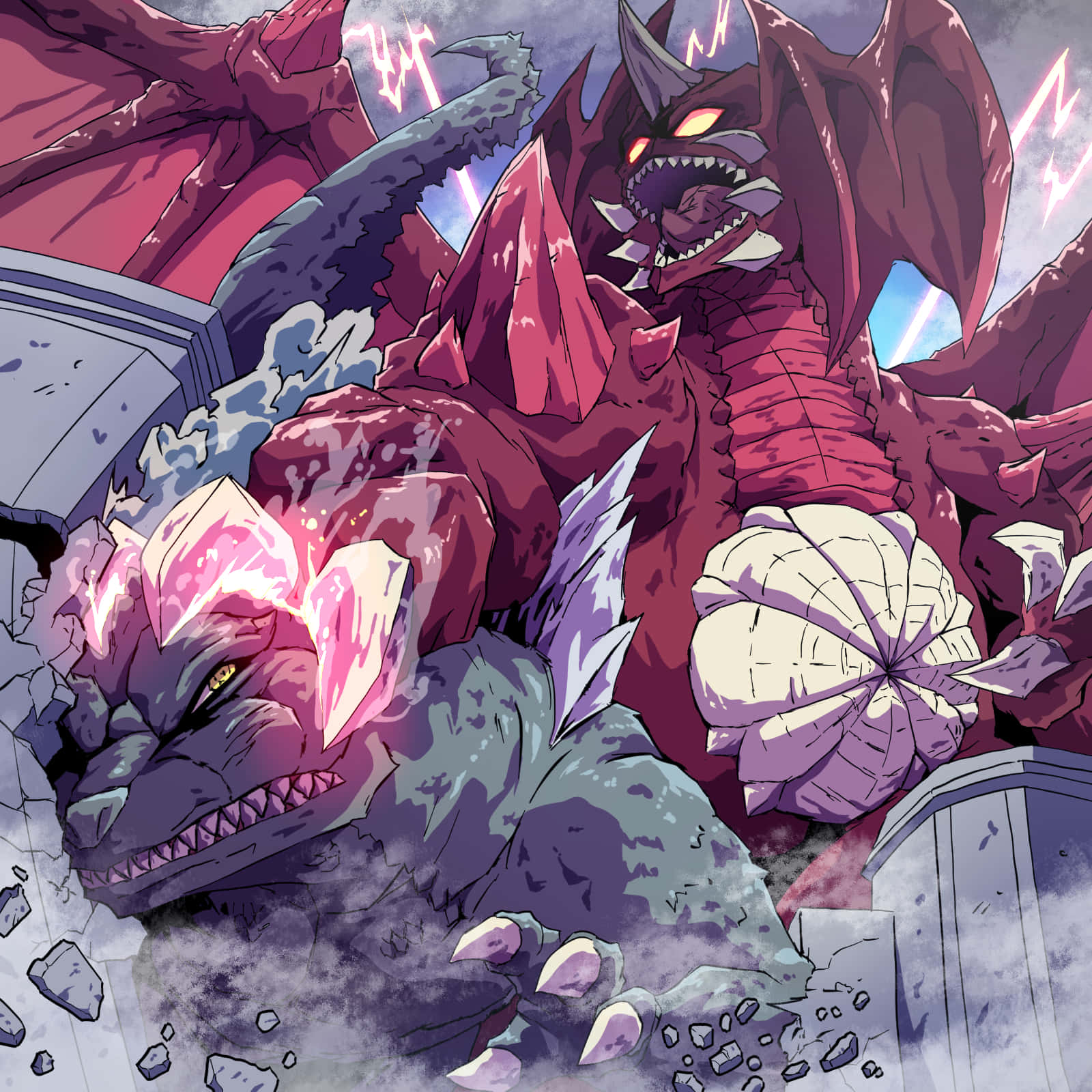 Godzilla Vs Destoroyah 桌布 壁紙 — 兩隻巨大的動畫龍在破碎的石頭和發光的能量中碰撞，形成戲劇性的戰鬥場景。