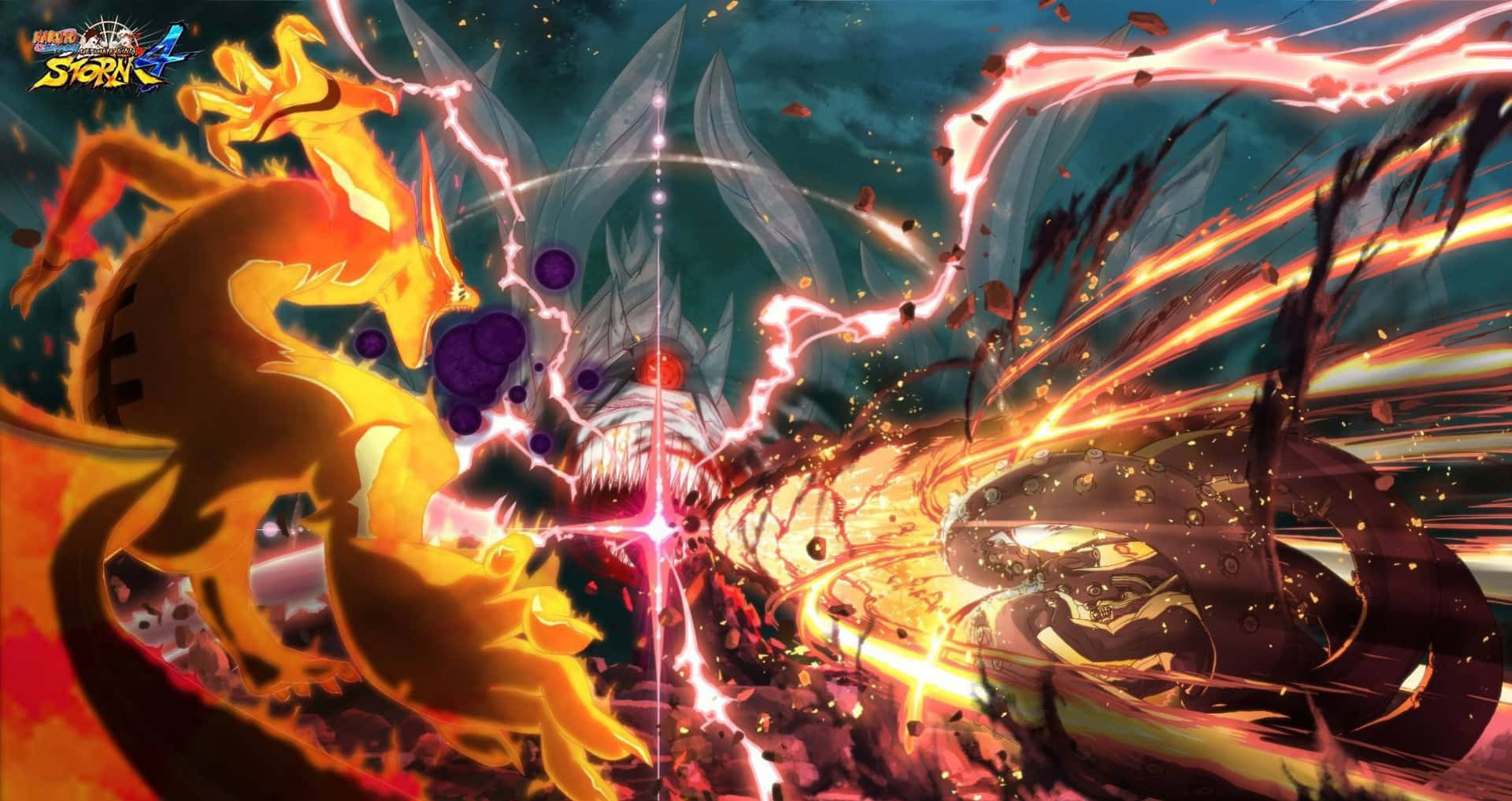 Ps4 Naruto 桌布 壁紙 — 兩隻巨大的動畫龍在黑暗暴風雨的天空下，以橙色和紫色能量的猛烈爆炸中碰撞。