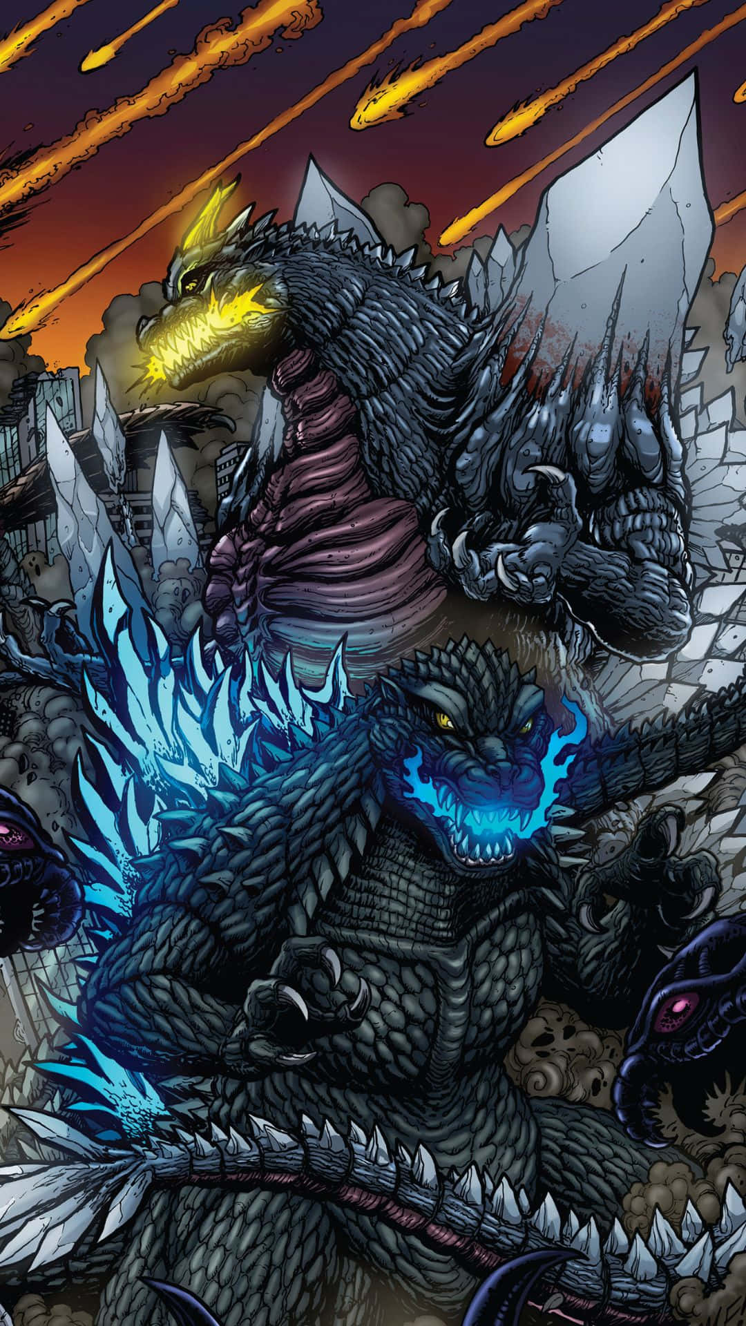 Godzilla Vs Spacegodzilla 桌布 壁紙 — 兩隻巨大的哥吉拉怪獸在破碎的摩天大樓之間碰撞，天空火紅，流星墜落。