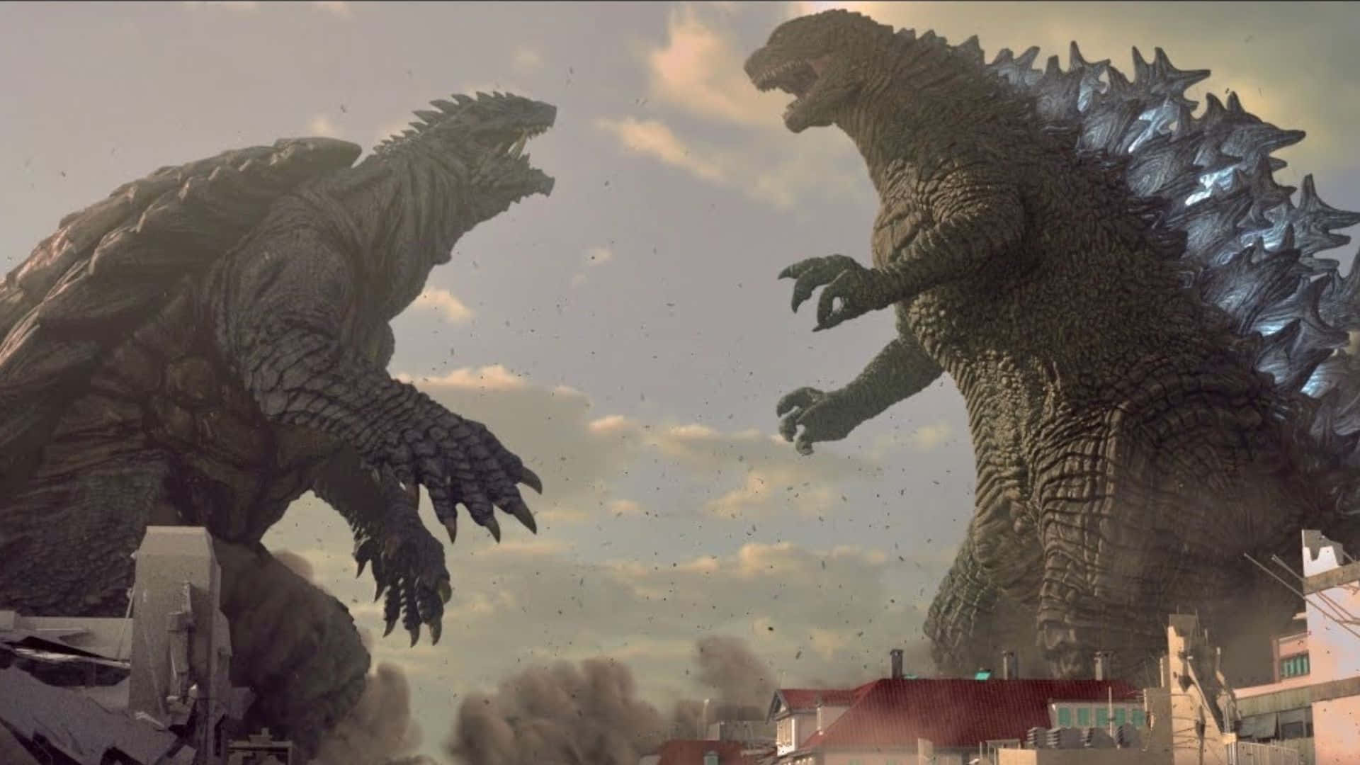 Godzilla Vs Gamera 桌布 壁紙 — 兩隻巨大的哥斯拉式怪獸在多雲的天空下，在廢墟城市景觀中互相咆哮。