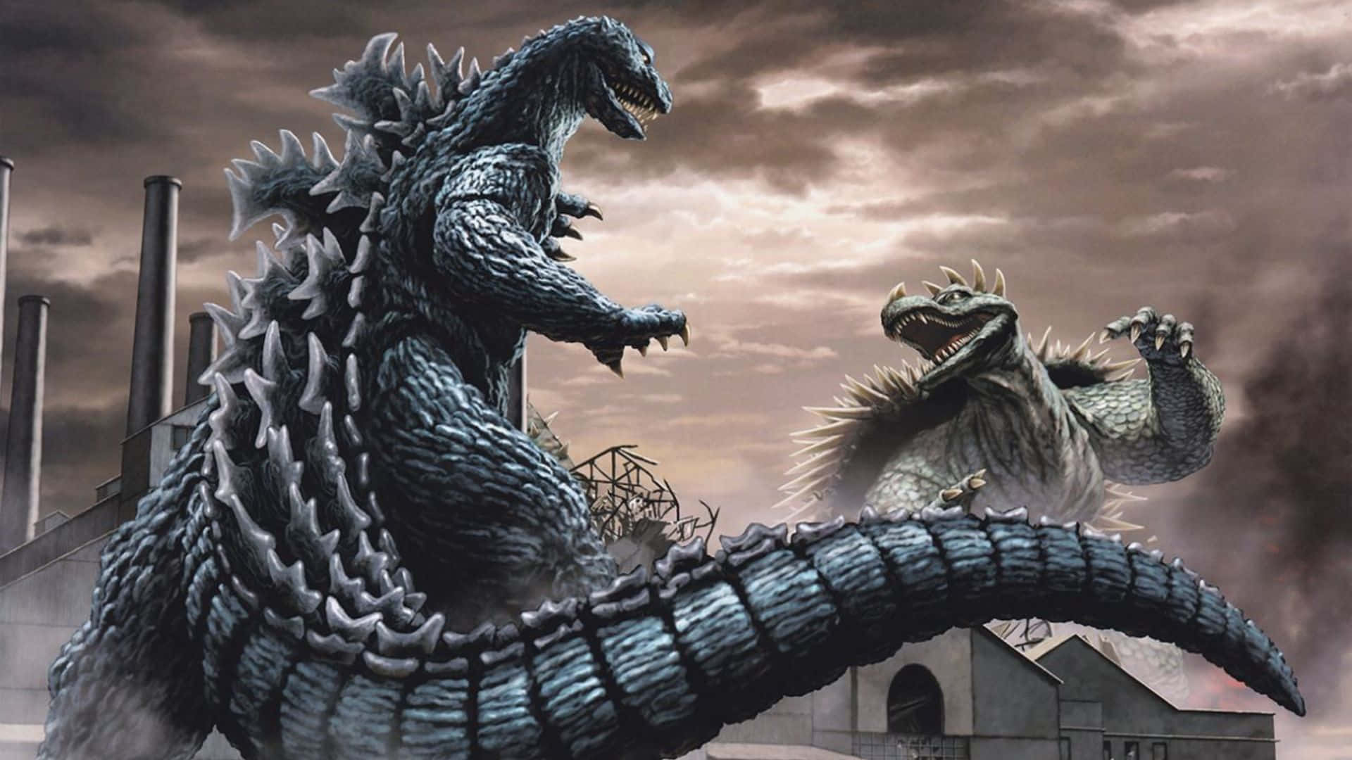 Godzilla Vs Anguirus 桌布 壁紙 — 兩隻巨大的哥斯拉式怪獸在暴風雨的天空下，在廢棄的工業建築中激烈衝突。
