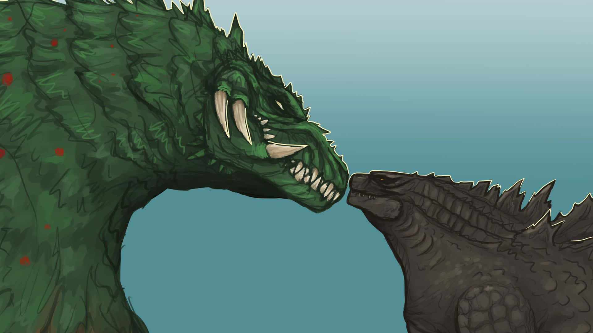 Godzilla Vs Biollante 桌布 壁紙 — 兩隻巨大的哥斯拉式怪獸在青綠色的天空下緊張對峙。