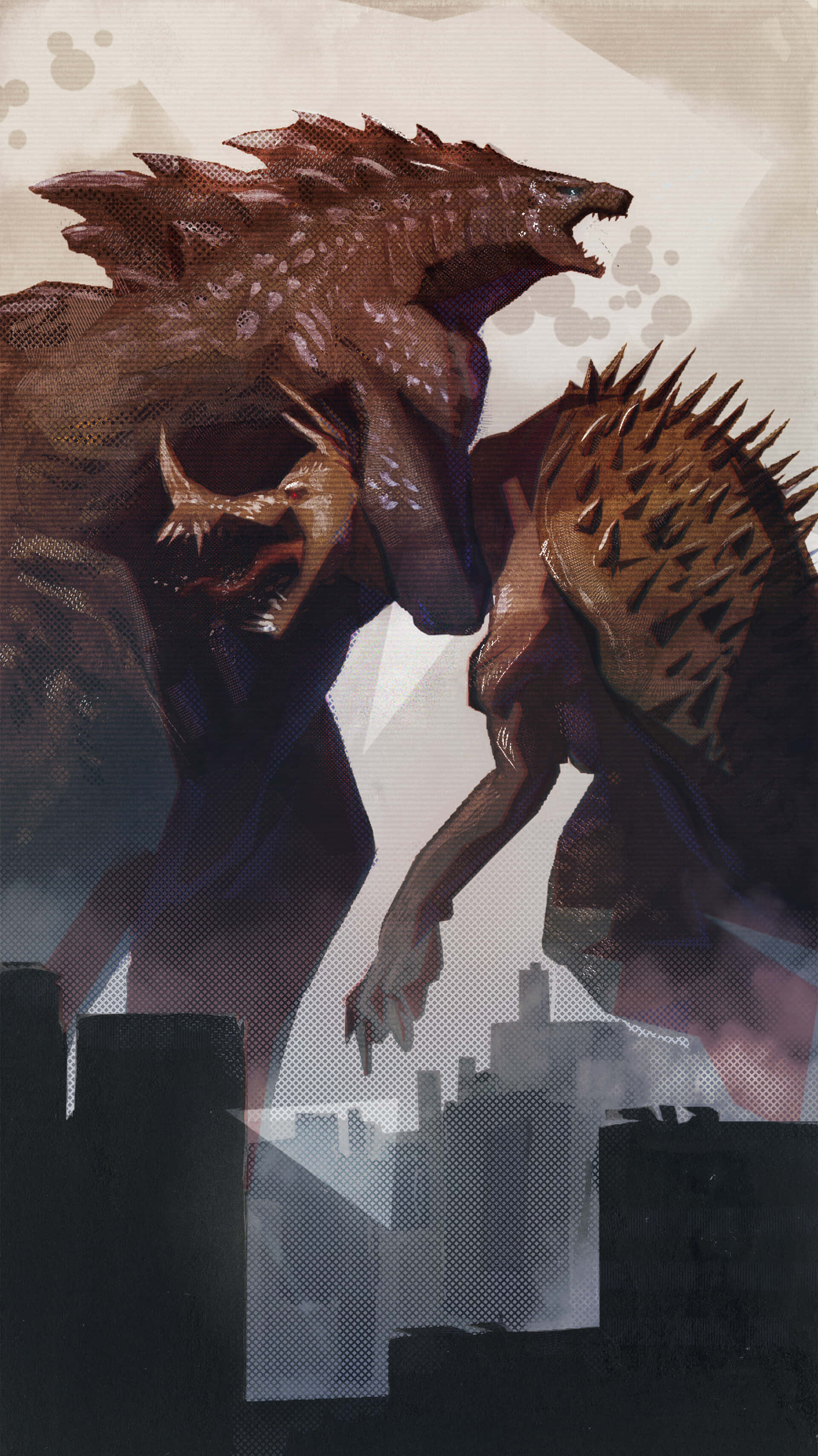 Godzilla Vs Anguirus 桌布 壁紙 — 兩隻巨大的多刺野獸在破碎的城市景觀上方咆哮並碰撞，進行一場粗獷的數位藝術戰鬥。