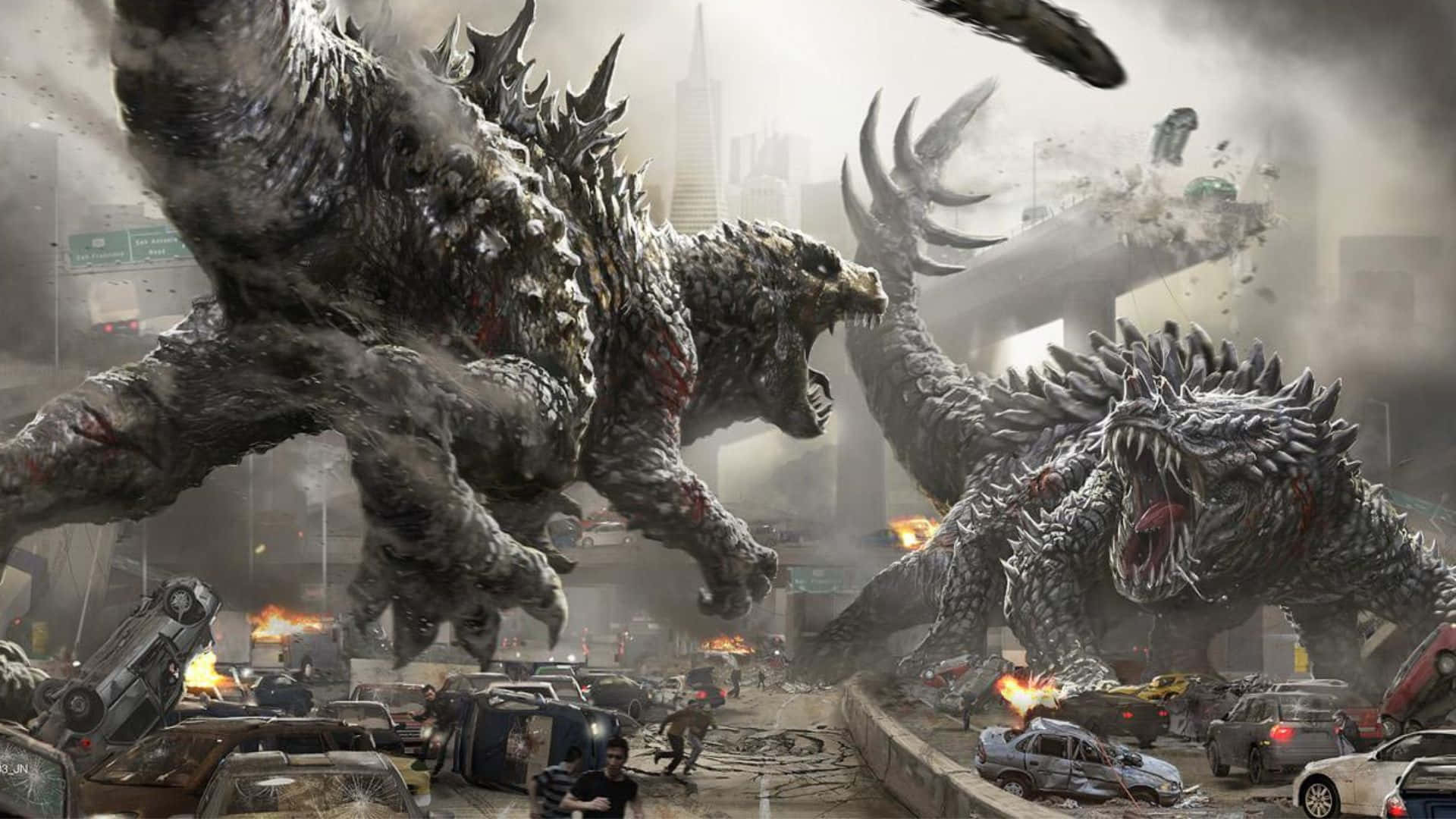 Godzilla Vs Anguirus 桌布 壁紙 — 兩隻巨大的尖刺怪物在煙霧瀰漫的城市街道上橫衝直撞，壓碎汽車和建築物。