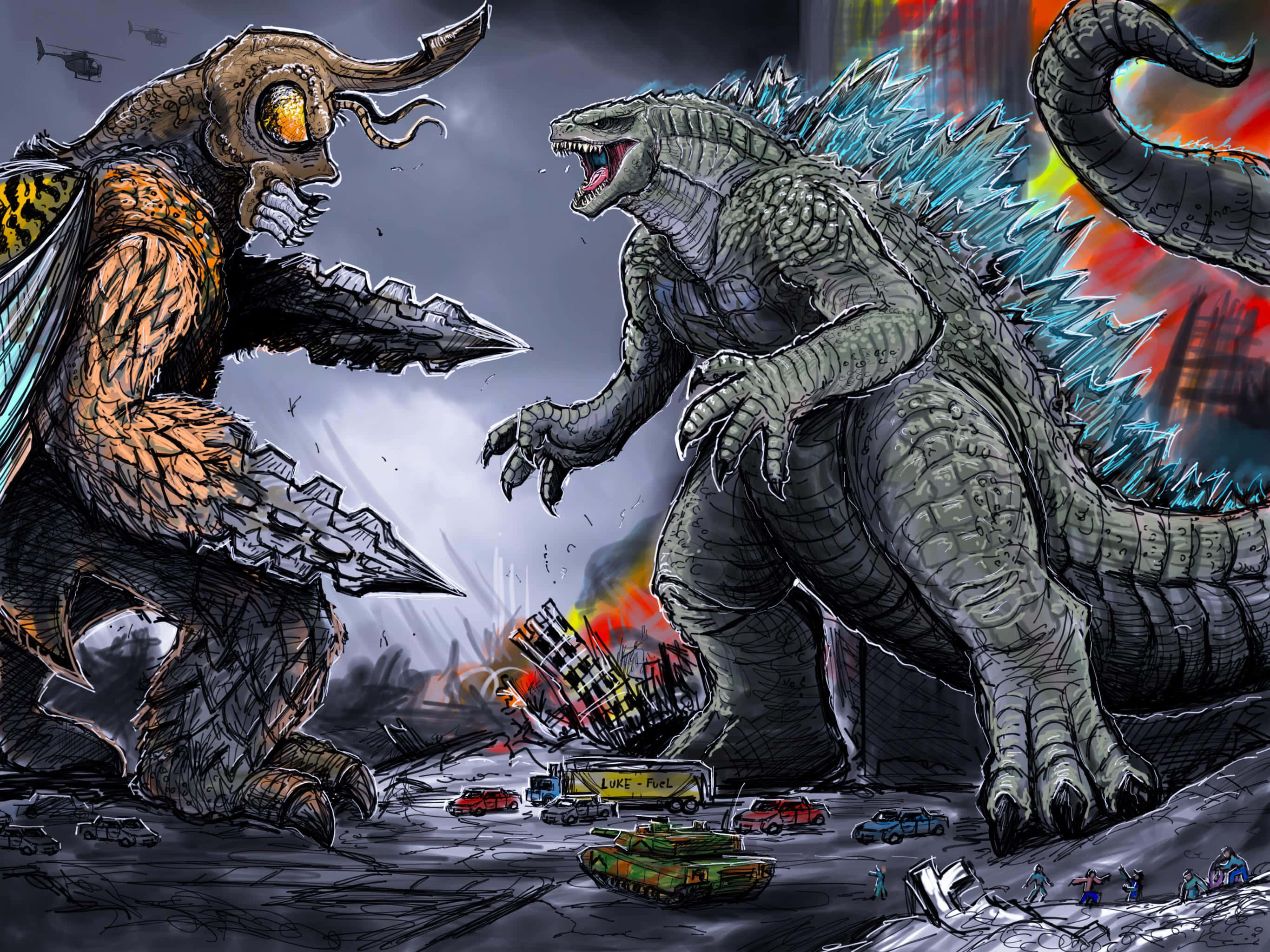 Godzilla Vs Megalon 桌布 壁紙 — 兩隻巨大的怪物哥吉拉和王者基多拉在一個廢墟城市景觀中碰撞，建築物燃燒，軍用車輛四處可見。