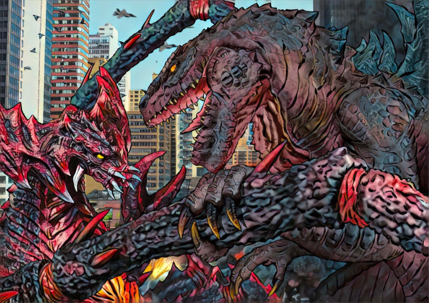 Godzilla Vs Destoroyah 桌布 壁紙 — 兩隻巨大的怪物在火熱的城市戰鬥中，在摩天大樓和飛行飛機之間碰撞。