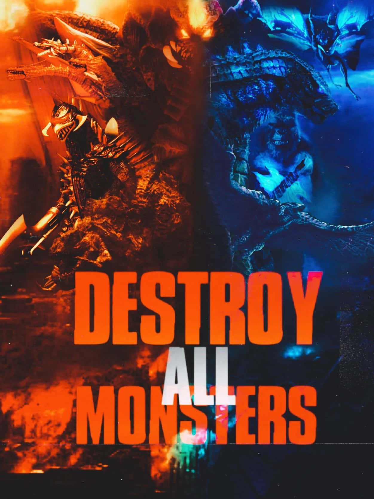 Monsterverse 桌布 壁紙 — 兩隻巨大的怪物在火熱的橙色和冰冷的藍色色調中碰撞，粗體文字宣告 destroy all monsters。