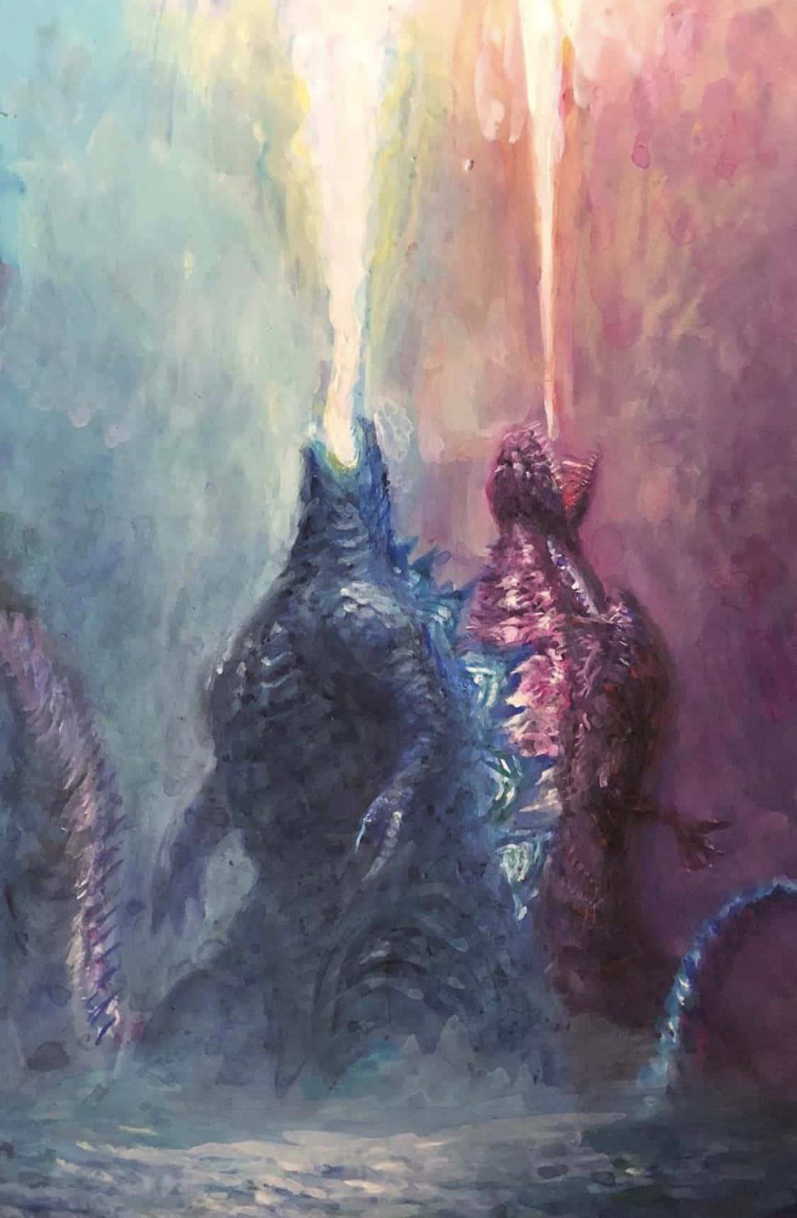 Godzilla Art 桌布 壁紙 — 兩隻巨大的怪獸在水深淵中對峙，光束從牠們口中噴射而出，背景是超現實的漸變天空。