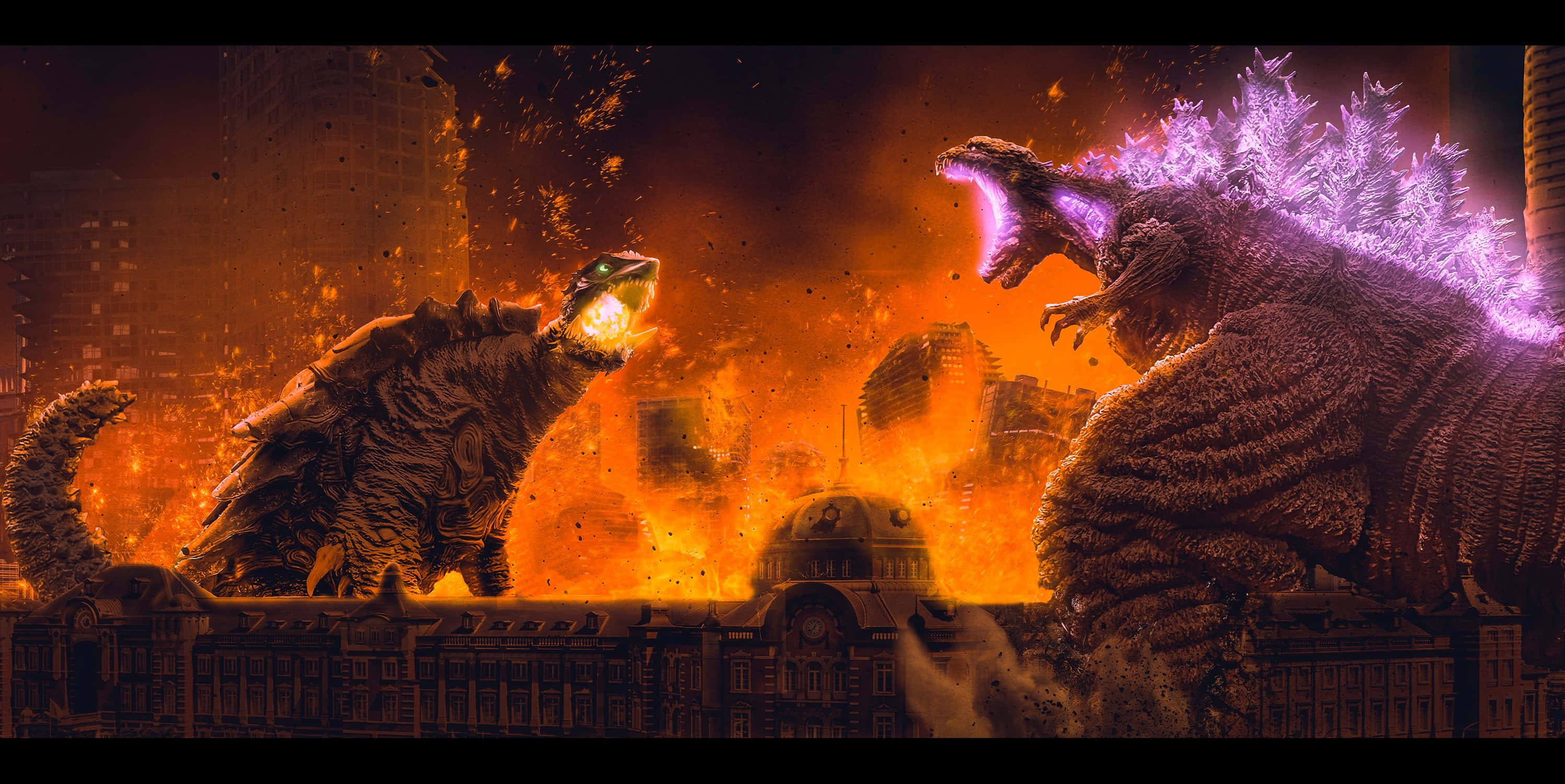 Godzilla Vs Gamera 桌布 壁紙 — 兩隻巨大的怪獸在熾熱的城市戰場中咆哮並碰撞，周圍是崩塌的摩天大樓和發光的能量光束。