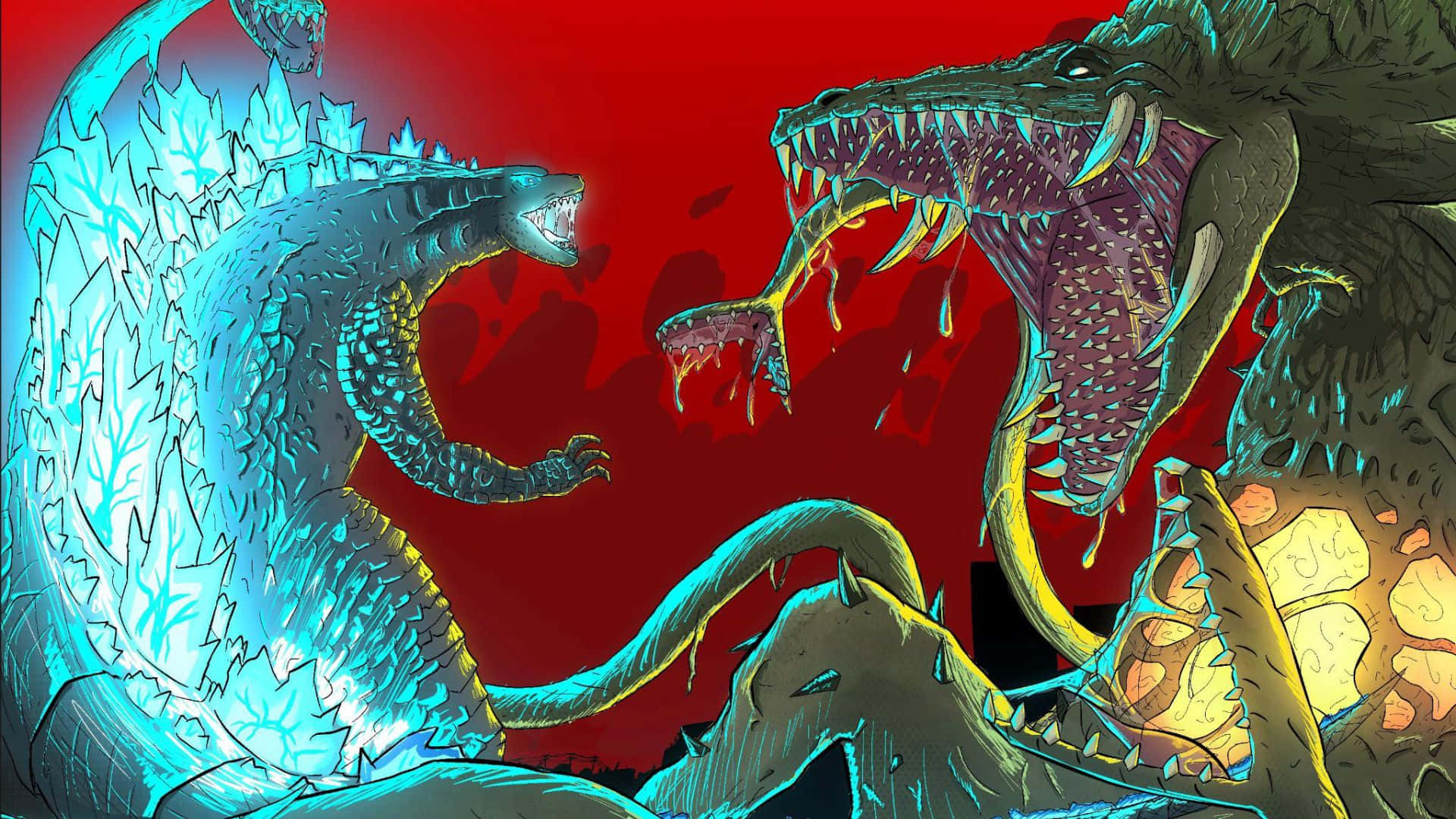 Godzilla Vs Biollante 桌布 壁紙 — 兩隻巨大的怪獸在血紅色的天空下，帶著發光的藍色和黃色點綴，展開一場激烈的戰鬥。