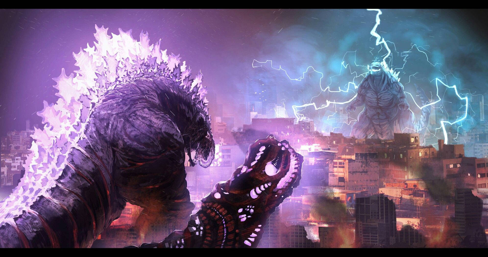 shin godzilla 桌布 壁紙 — 兩隻巨大的怪獸在風暴般的紫色和藍綠色天空下，於燃燒的城市景觀上空激烈衝突。