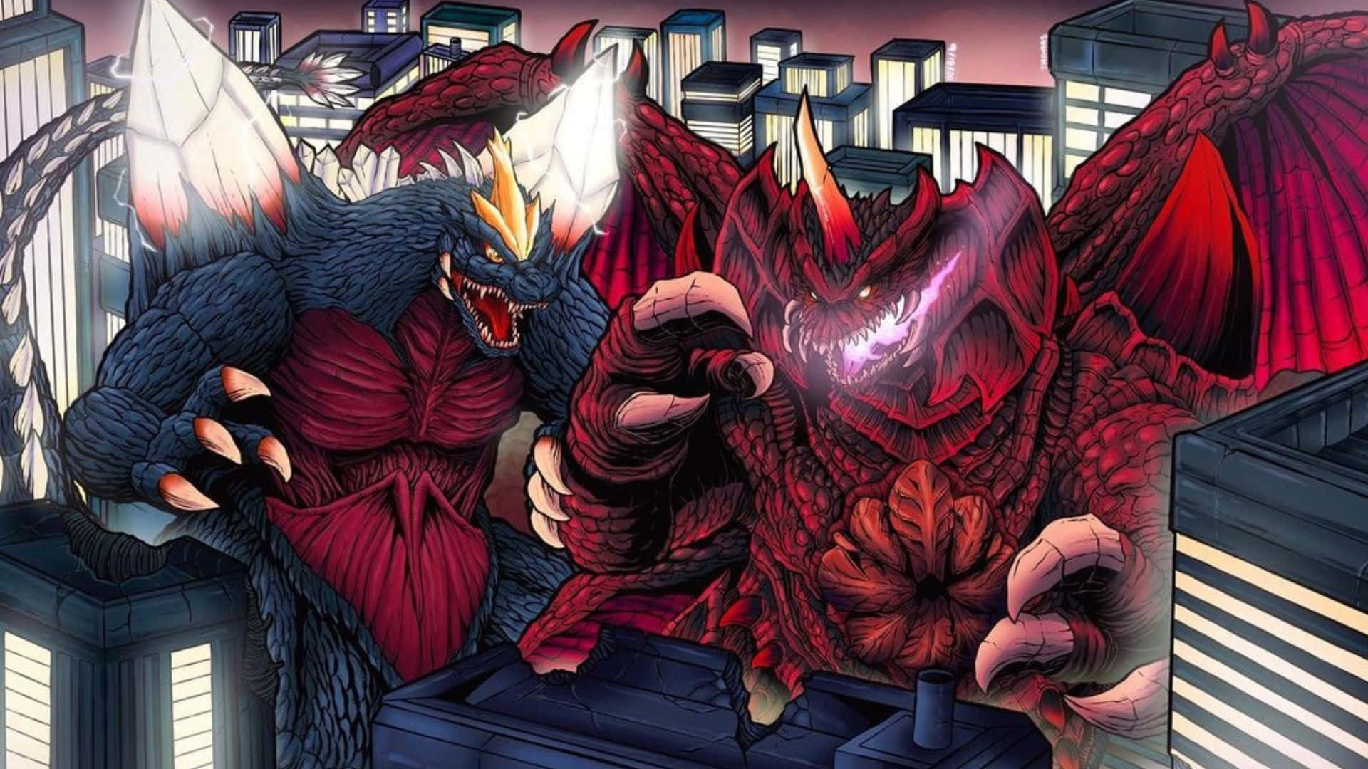 Godzilla Vs Destoroyah 桌布 壁紙 — 兩隻巨大的怪獸在黃昏的城市天際線上碰撞，眼睛發光，爪子鋒利。