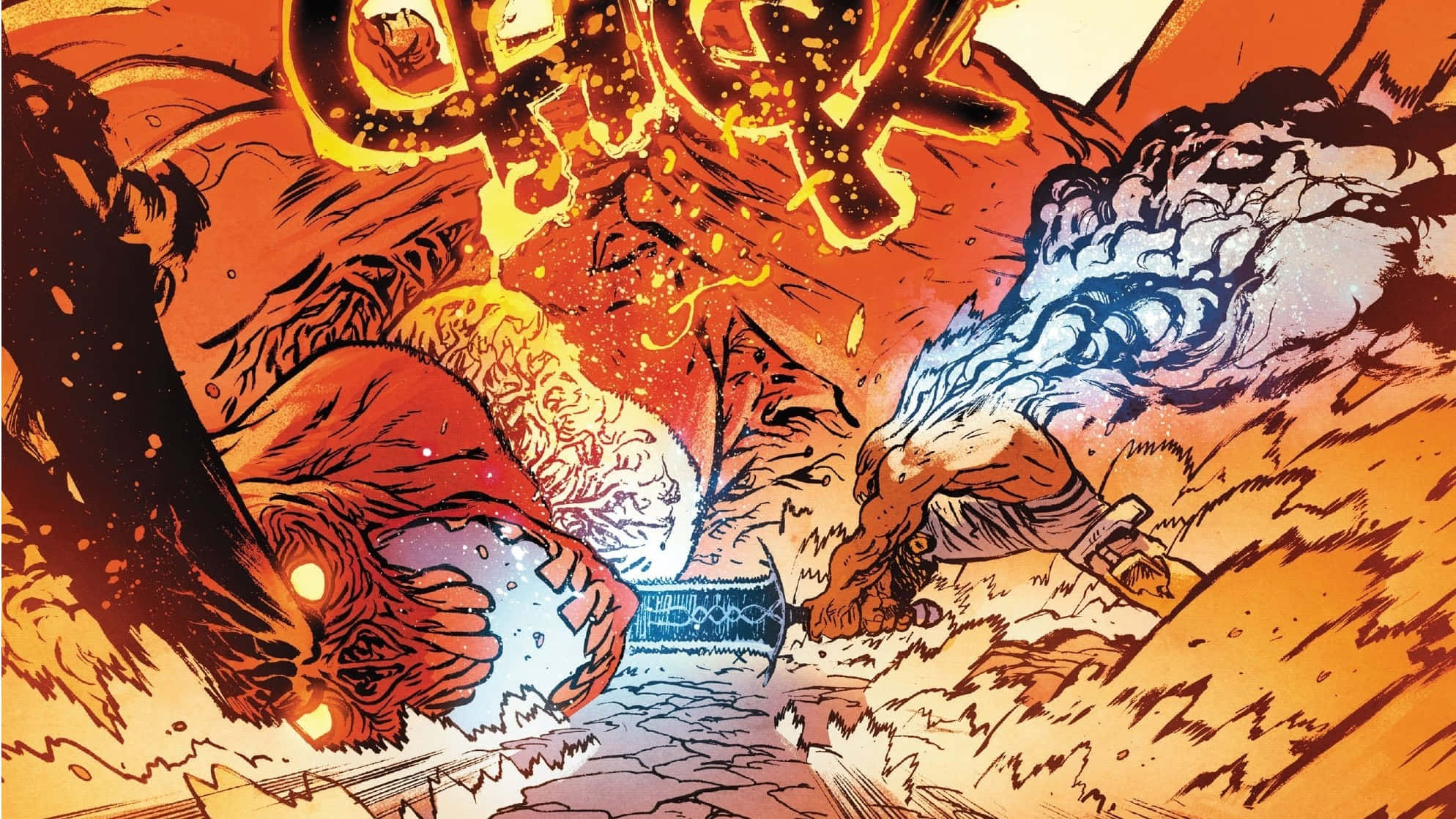 Surtur 桌布 壁紙 — 兩隻巨大的拳頭在熾熱的爆炸中碰撞，上方有發光的「CRACK」，撕裂著裂開的土路。