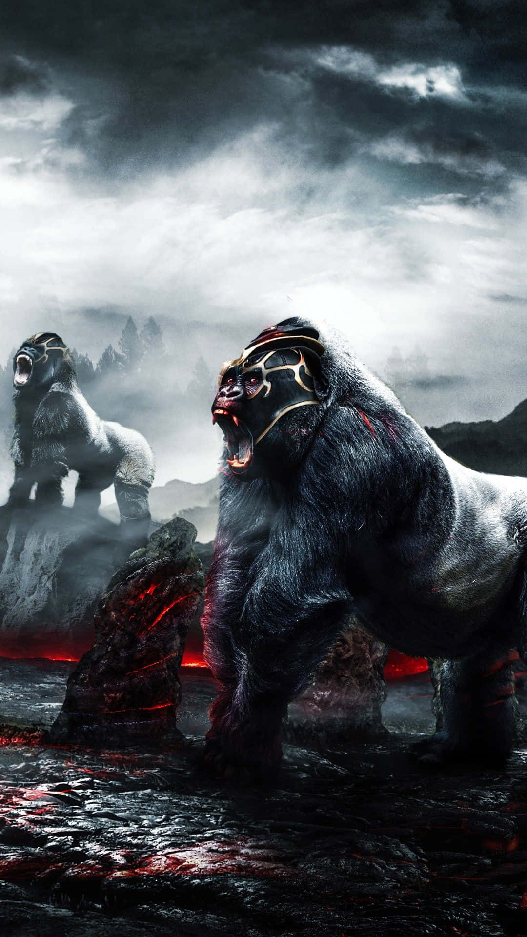 gorilla iPhone 桌布 壁紙 — 兩隻巨大的猩猩在火山景觀中咆哮，周圍有發光的熔岩和暴風雨的天空。
