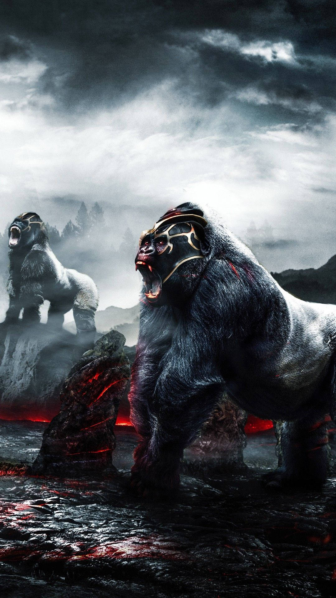 Cool Gorilla 桌布 壁紙 — 兩隻巨大的猩猩在火山景觀中咆哮，周圍是發光的熔岩和暴風雨的天空。
