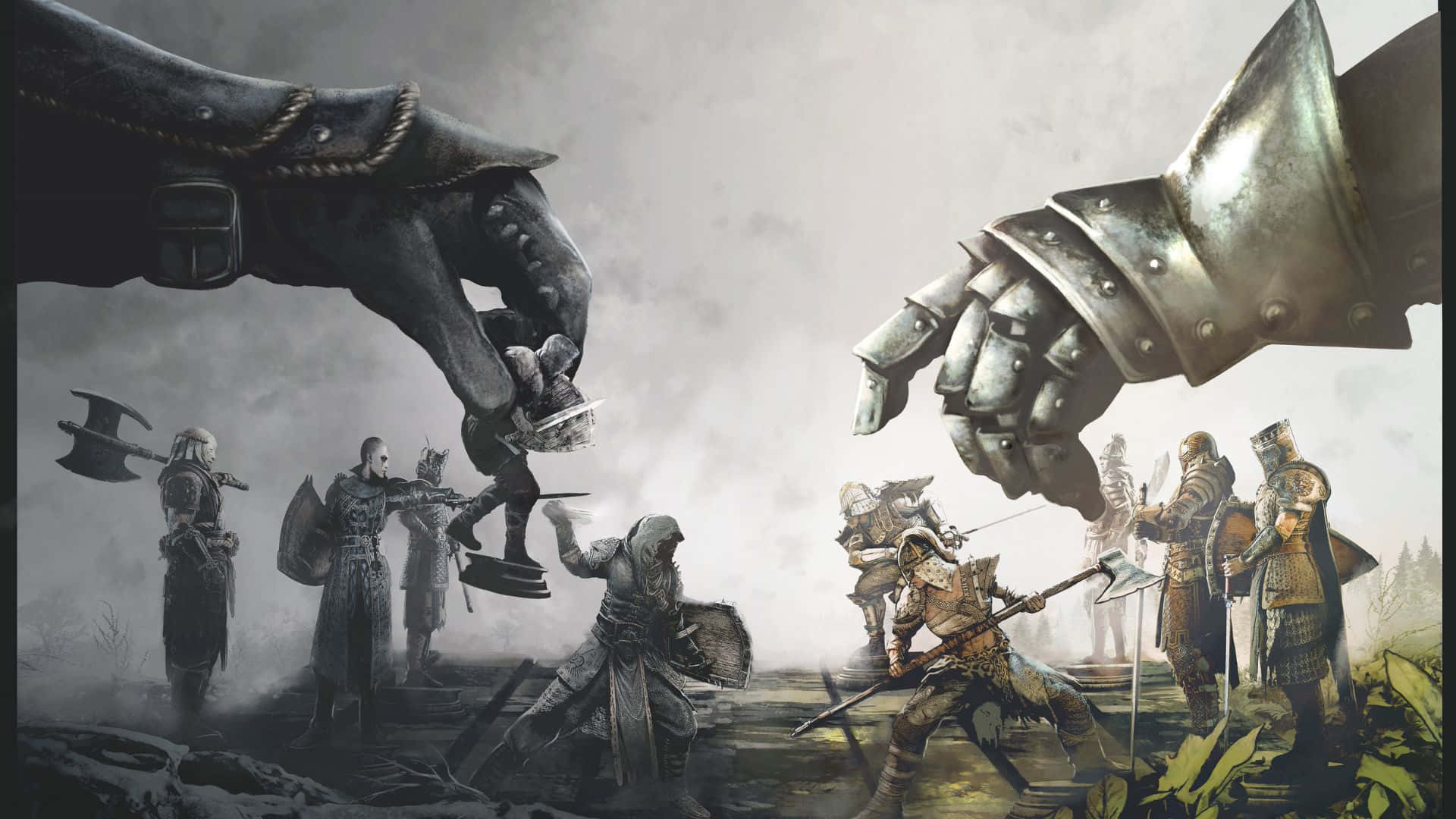 電玩遊戲 桌布 壁紙 — 兩隻巨大的裝甲手籠罩在戰場上空，小戰士們在戲劇性的奇幻場景中交戰。