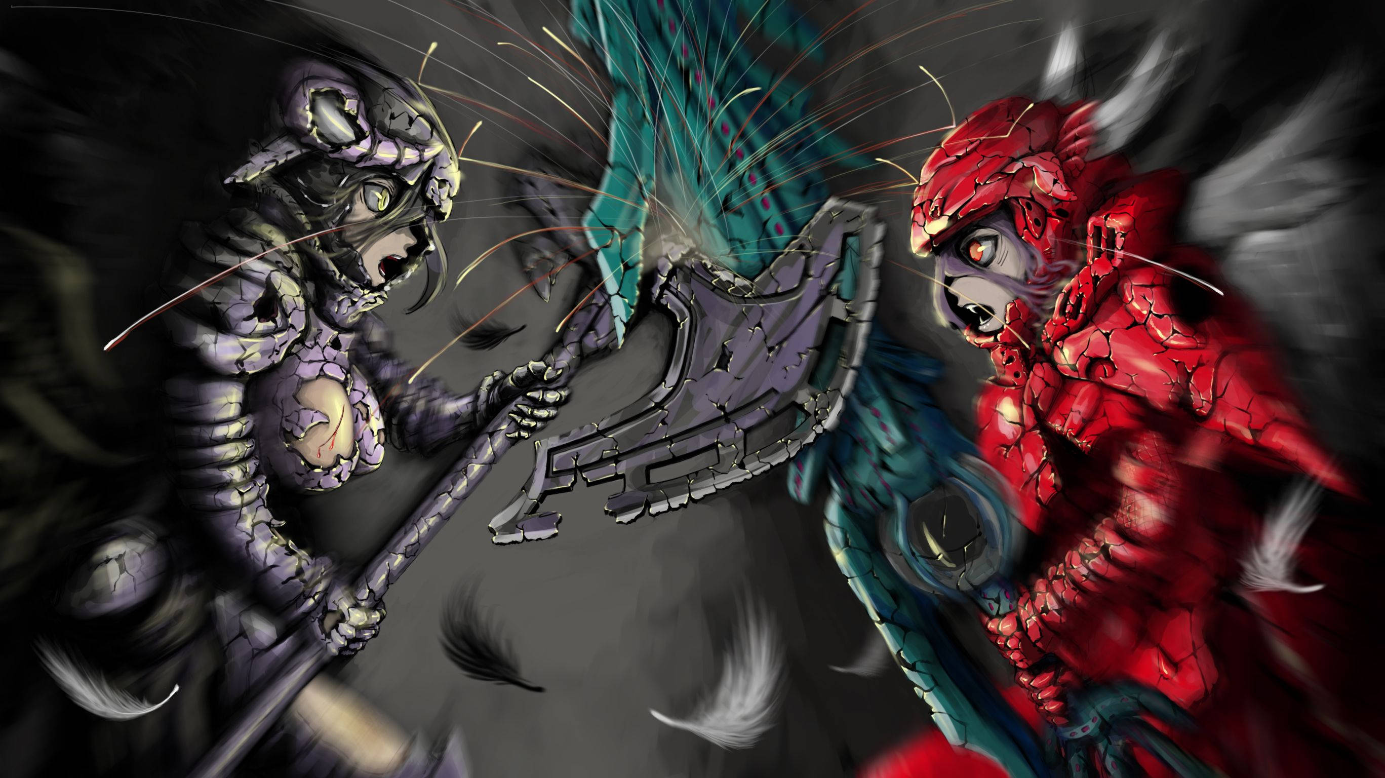 Overlord 桌布 壁紙 — 兩隻巨大的裝甲生物在黑暗背景下，伴隨著破碎的武器和飛舞的羽毛，展開了一場動態的戰鬥。