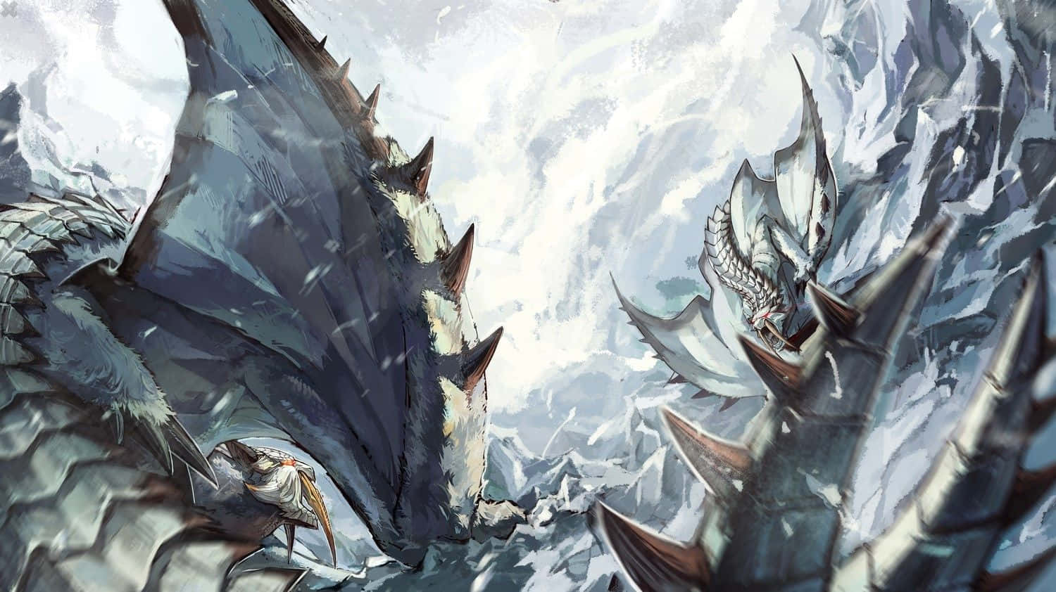 美學 桌布 壁紙 — 兩隻巨大的裝甲龍在白雪皚皚的山地景觀中碰撞，周圍是鋸齒狀的山峰和旋轉的雪花。