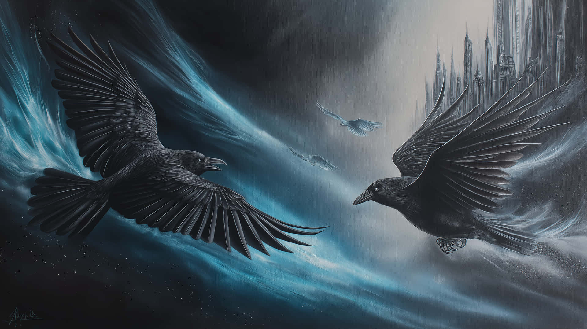 Crows in Dynamic Flight Near a Distant Cityscape 壁紙 — 兩隻巨大的黑色烏鴉在風暴藍天中翱翔，飛向遠處的哥德式城市景觀。