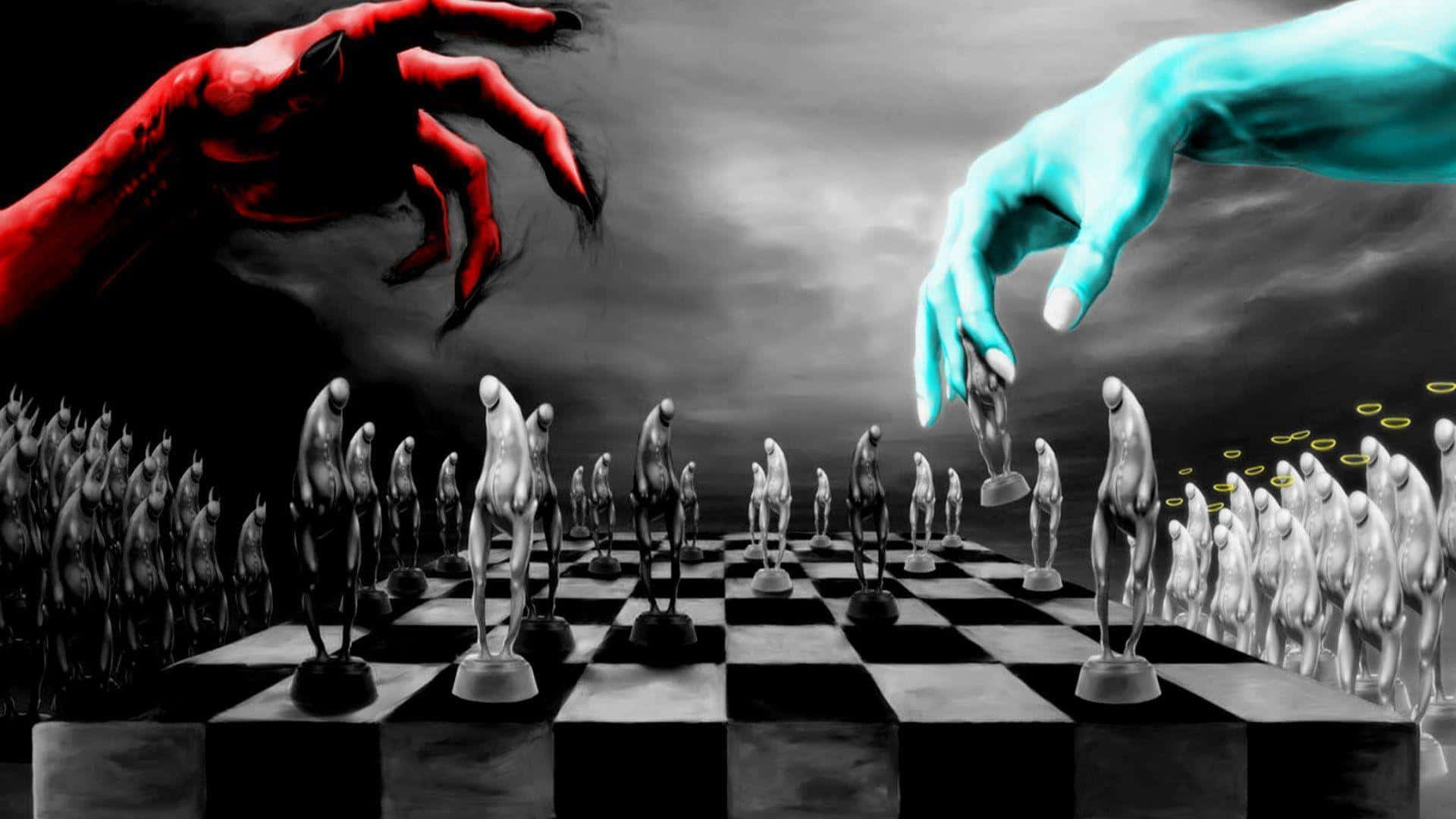 西洋棋 桌布 壁紙 — 兩隻巨手——一隻紅色，一隻青色——在風暴天空下，於黑白分明的棋盤上與人形棋子下棋。