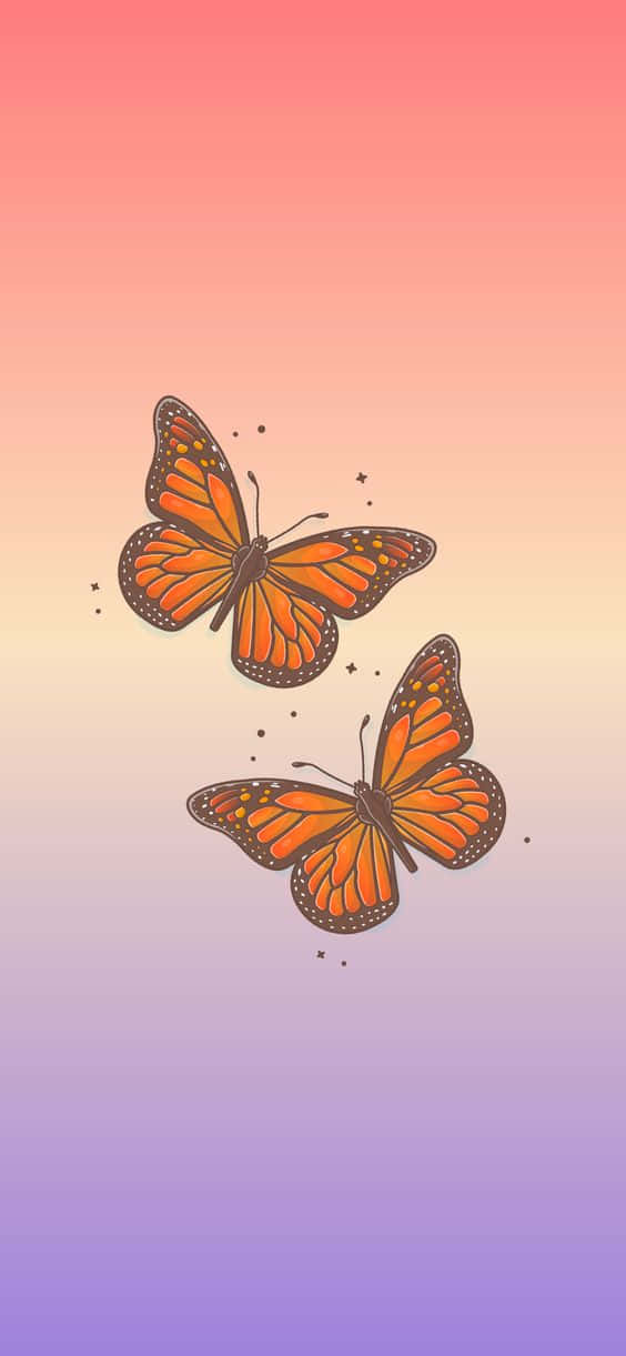 Cool Butterfly 桌布 壁紙 — 兩隻帝王斑蝶，擁有橙色翅膀和黑色脈絡，在從粉紅漸變到紫色的柔和天空背景下飛翔。