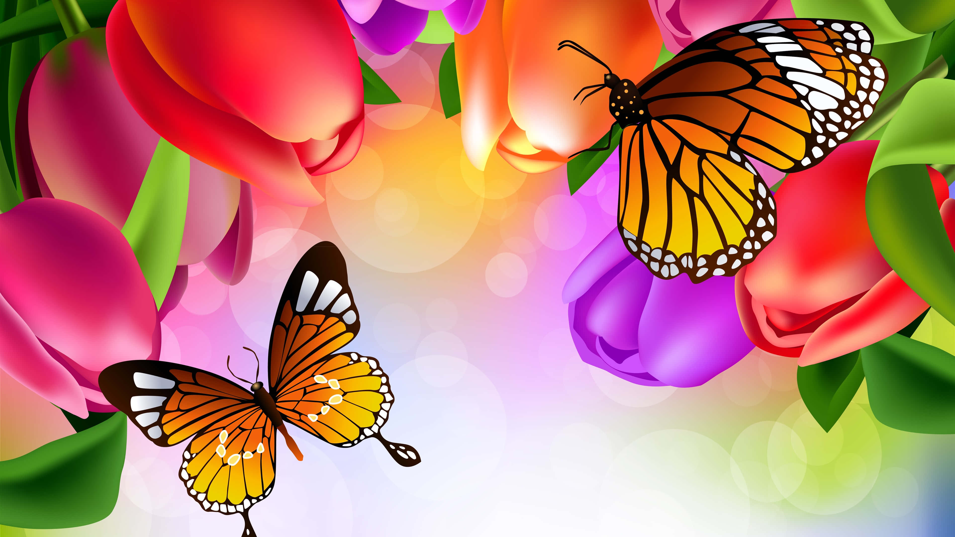 Butterfly Art 桌布 壁紙 — 兩隻帝王斑蝶在鮮豔的粉紅、紫和紅色鬱金香間翩翩飛舞，背景柔和發光。
