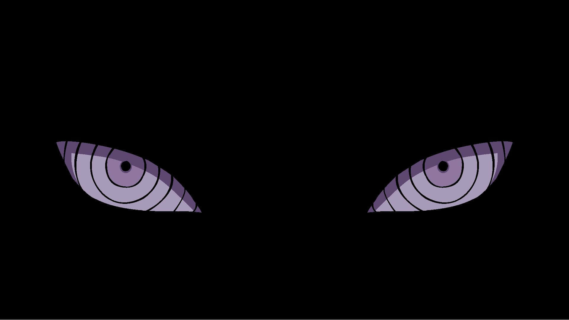 Pain Rinnegan 桌布 壁紙 — 兩隻帶有同心圓的發光紫色眼睛從完全黑暗中強烈凝視。