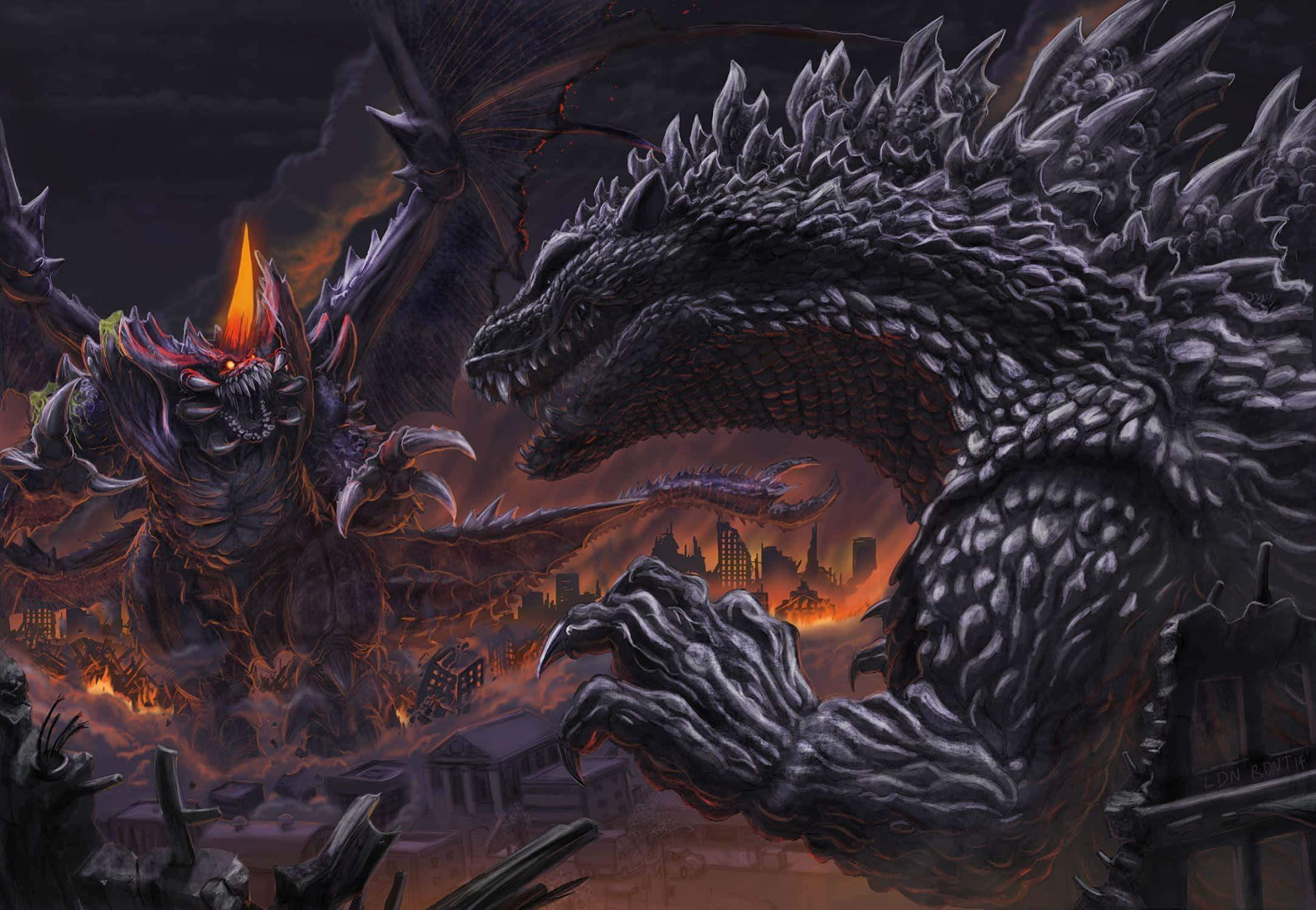 Burning Godzilla 桌布 壁紙 — 兩隻帶有尖刺鱗片和發光眼睛的怪獸在黑暗天空下燃燒的城市景觀上戰鬥。