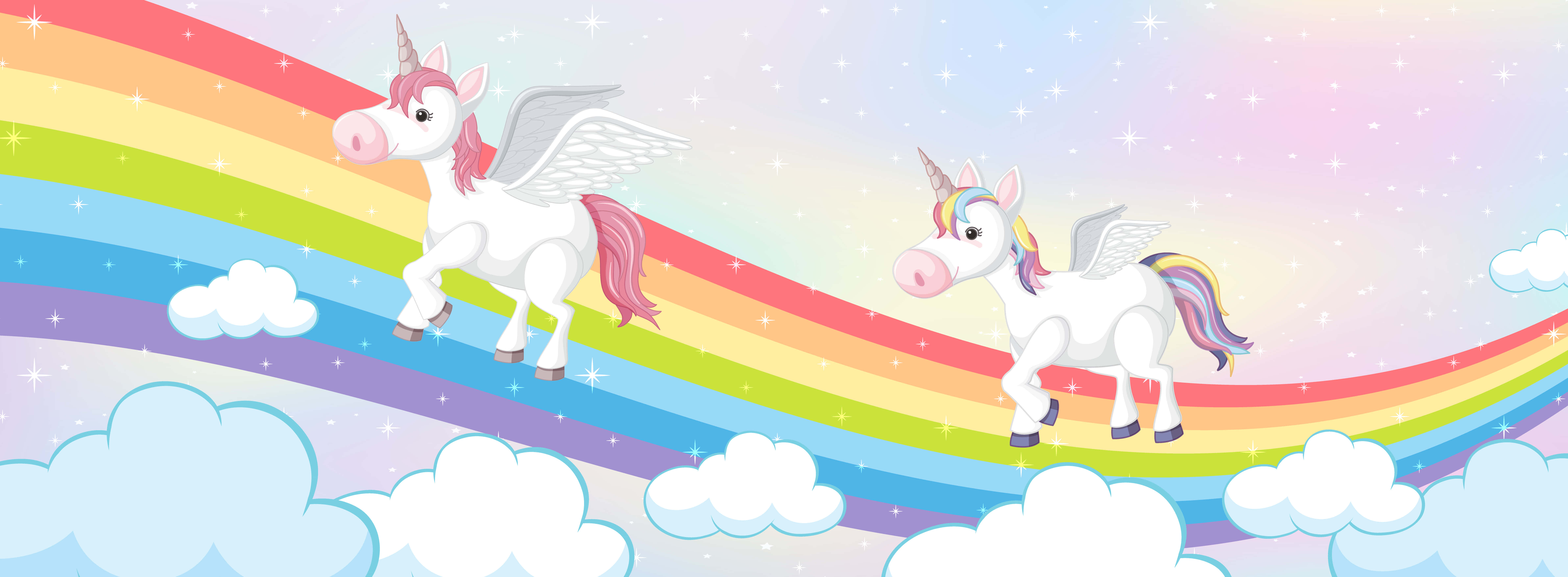 Magical Unicorn 桌布 壁紙 — 兩隻帶有彩虹鬃毛的有翼獨角獸在蓬鬆雲朵之上的星空裡，歡快地奔馳在一道鮮豔的彩虹上。