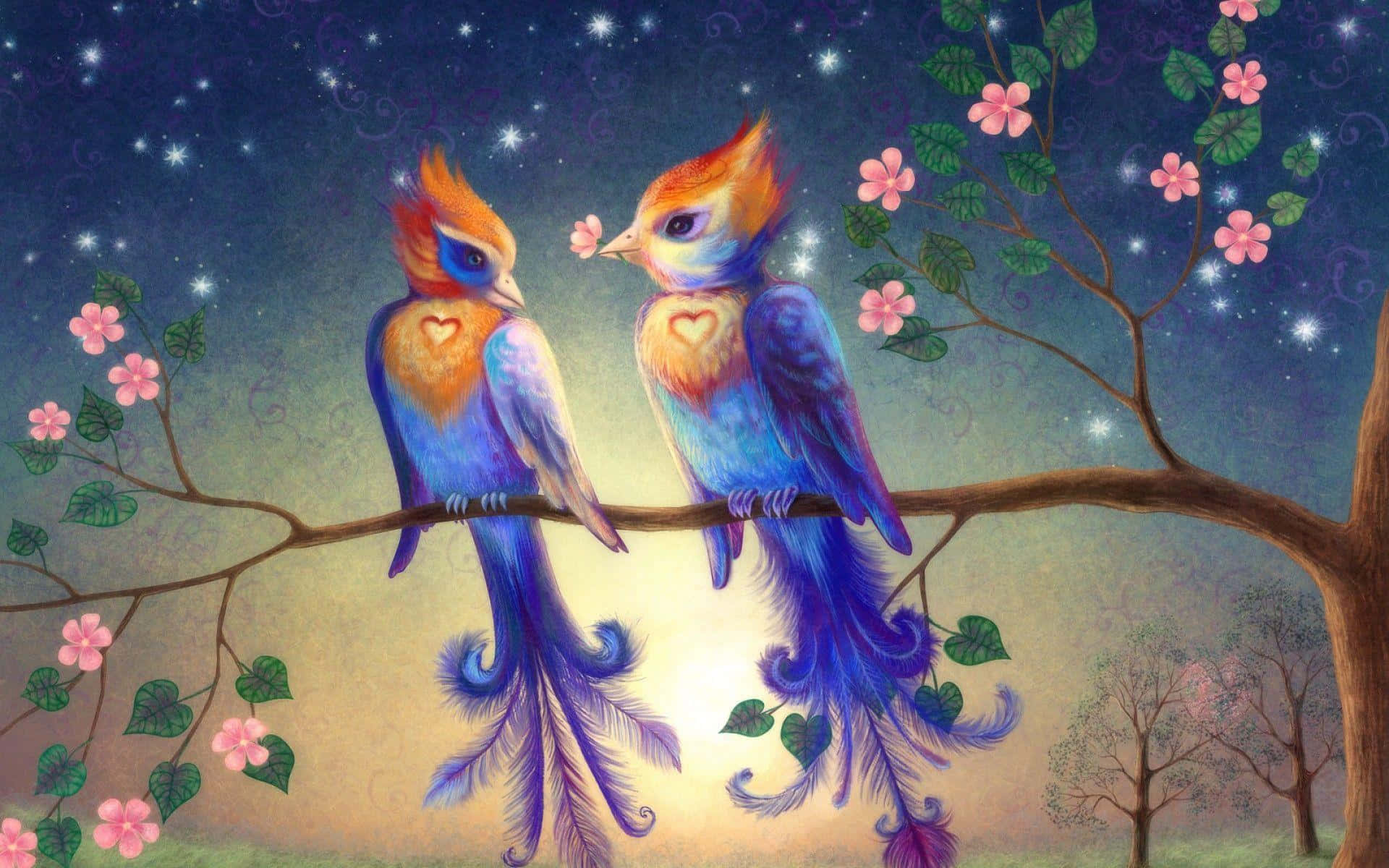 birds 桌布 壁紙 — 兩隻帶有心形胸部的鮮豔藍色鳥兒棲息在樹枝上，背景是繁星點點的夜空和粉紅色的花朵。