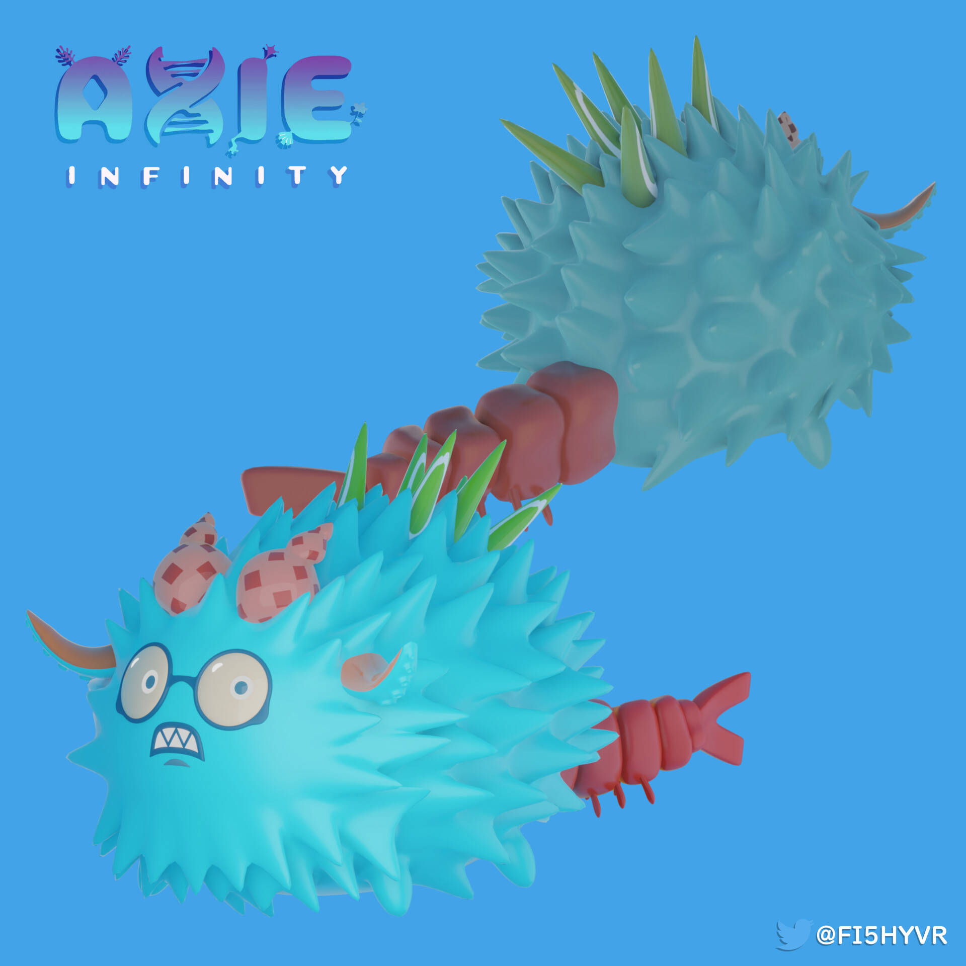 infinity 桌布 壁紙 — 兩隻帶有眼鏡和紅色四肢的藍色尖刺Axie Infinity生物在純藍色背景上漂浮。