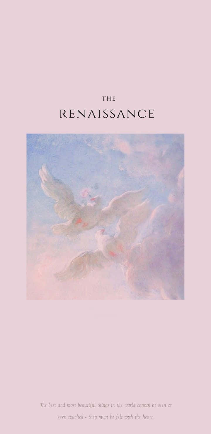 Renaissance 桌布 壁紙 — 兩隻帶有粉紅色點綴的白鴿在柔和的粉彩雲層中優雅翱翔，天空溫柔。