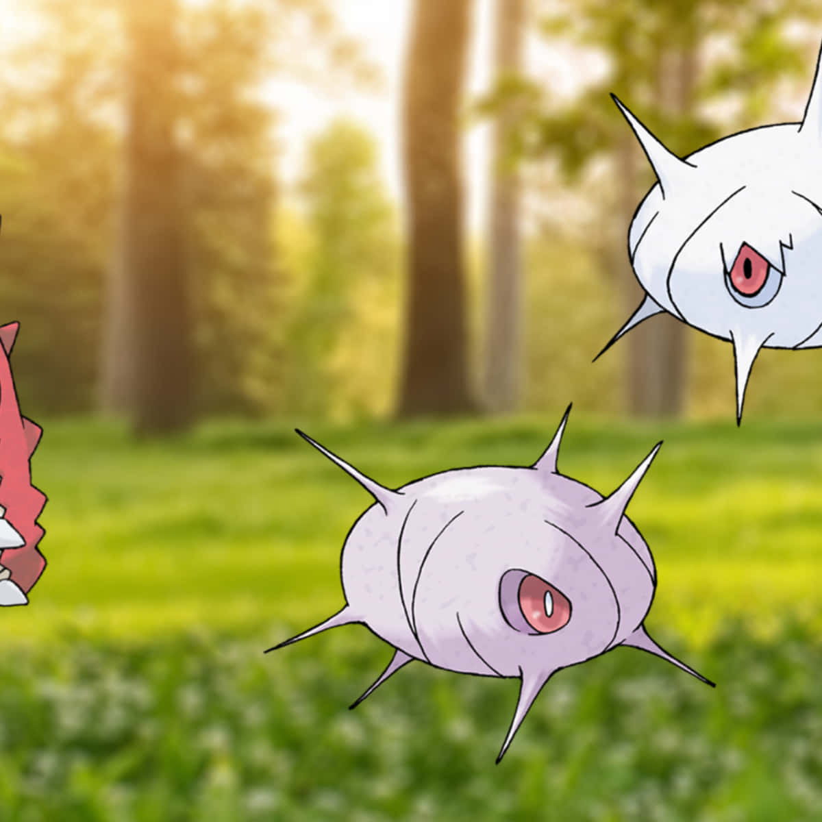 桌布 壁紙 — 兩隻帶有紅色眼睛的白色尖刺寶可夢漂浮在陽光照耀的草地上，背景是模糊的森林樹木。