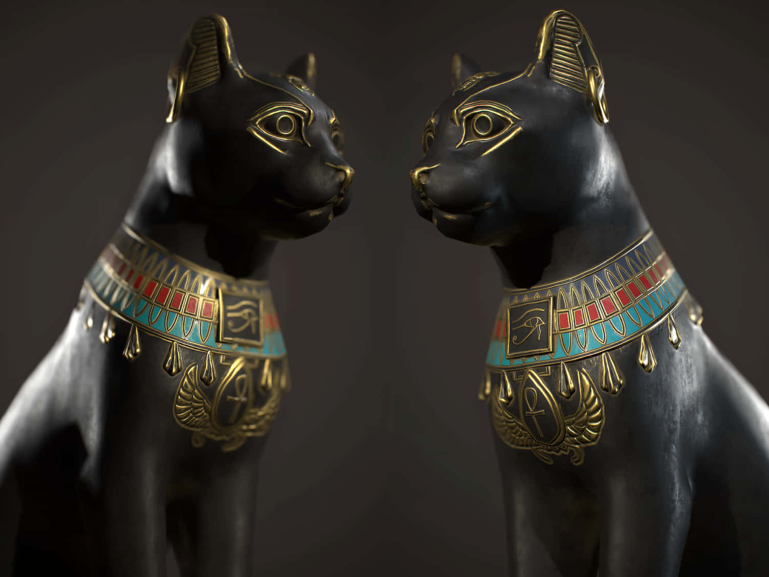 egyptian 桌布 壁紙 — 兩隻帶有金色和綠松石項圈的光澤黑色埃及貓雕像在深色背景下相對而立。