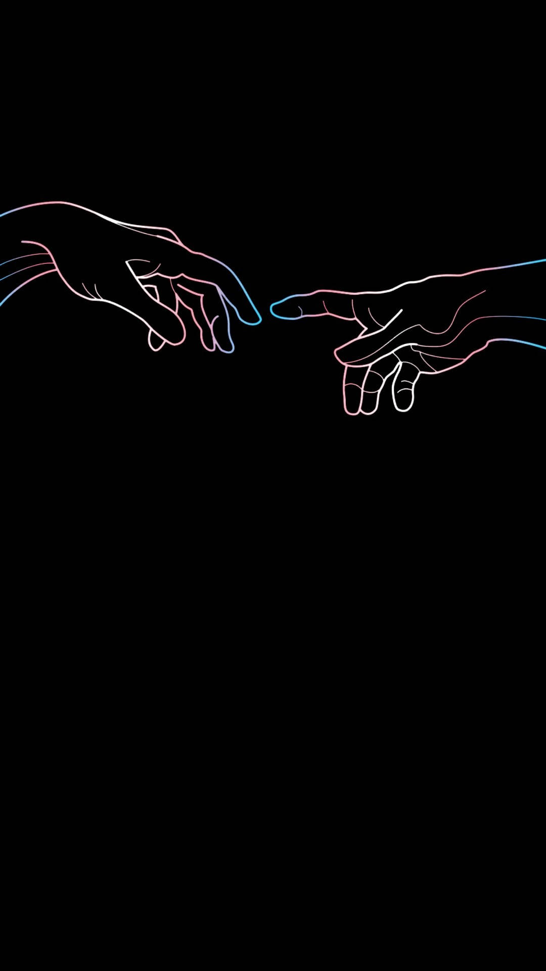 LGBT 桌布 壁紙 — 兩隻帶有霓虹輪廓的手在黑色虛空中伸出，指尖幾乎相觸，呈現極簡數位藝術風格。