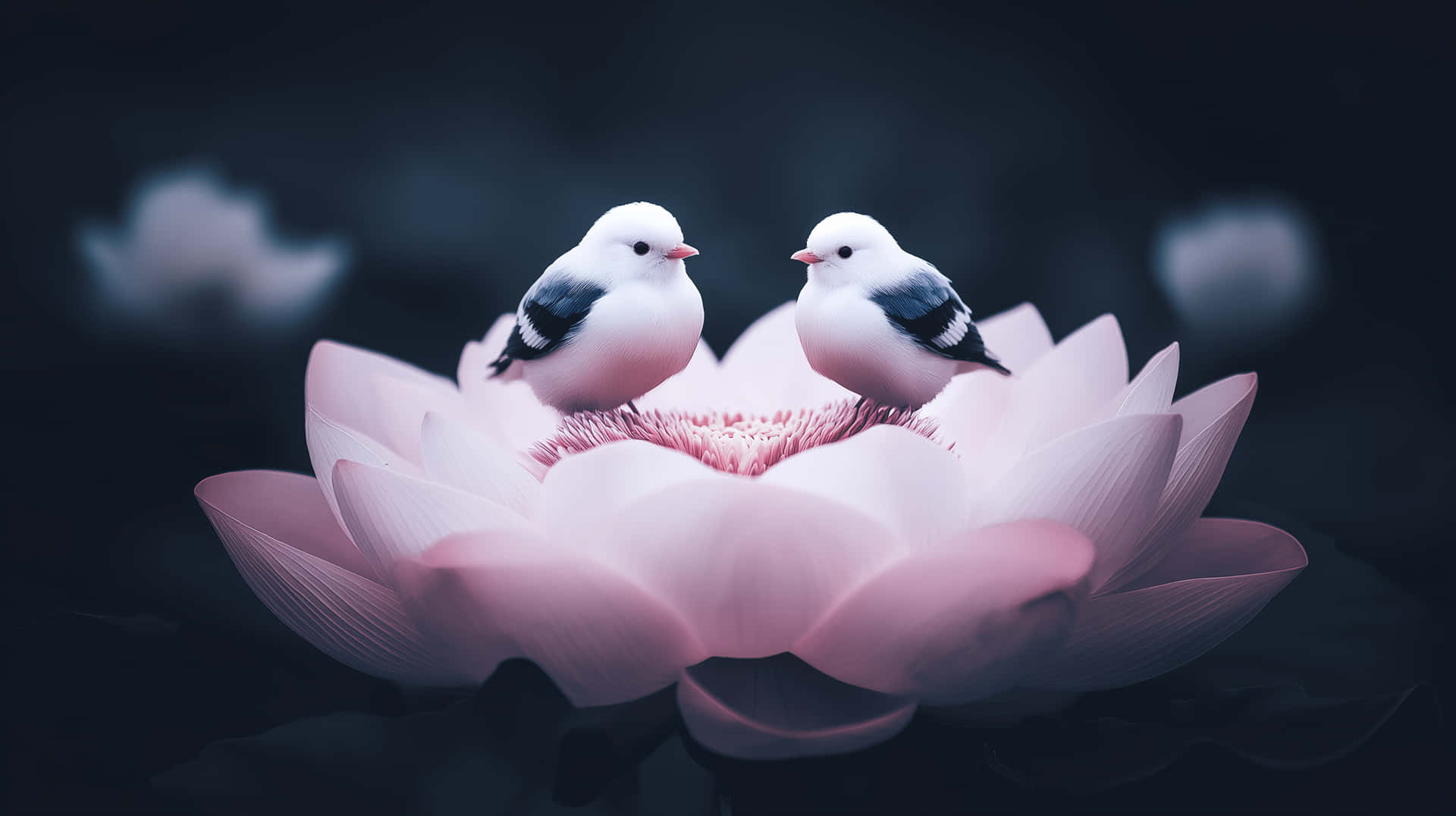 Charming Small Birds on a Soft Pink Lotus Flower 壁紙 — 兩隻帶有黑色翅膀的小白鳥，在深色模糊的背景中，面對面棲息在柔軟的粉紅色蓮花上。