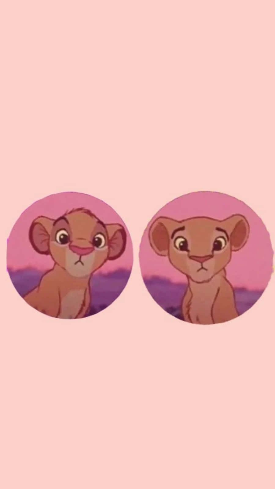 Matching Pfp 桌布 壁紙 — 兩隻年輕獅子幼崽在圓形框架中凝視前方，背景是柔和的粉紅色日落天空。