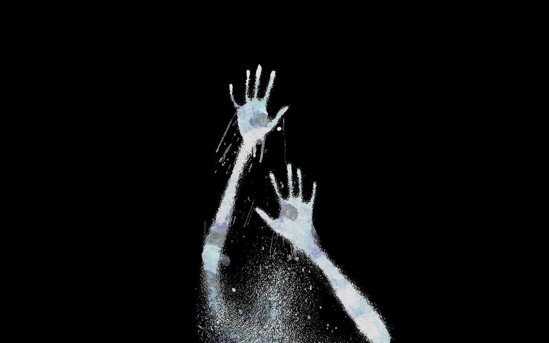 Creepypasta 桌布 壁紙 — 兩隻幽靈般的手穿過黑暗虛空向上伸展，以紋理化的白色和藍色飛濺在純黑色上呈現。