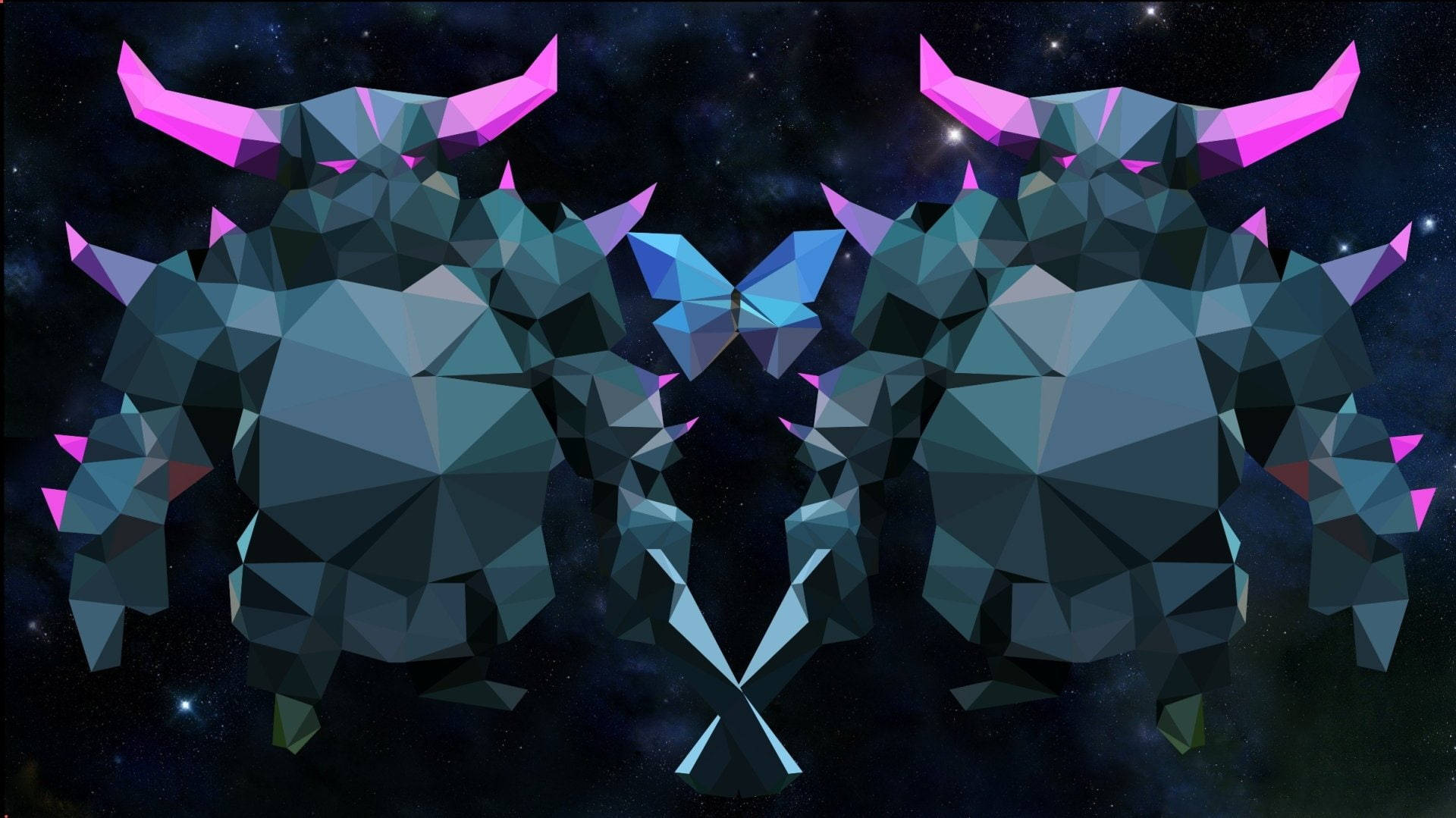 電玩遊戲 桌布 壁紙 — 兩隻幾何低多邊形公牛圖案，帶有粉紅色角，在星空宇宙背景下面對面。