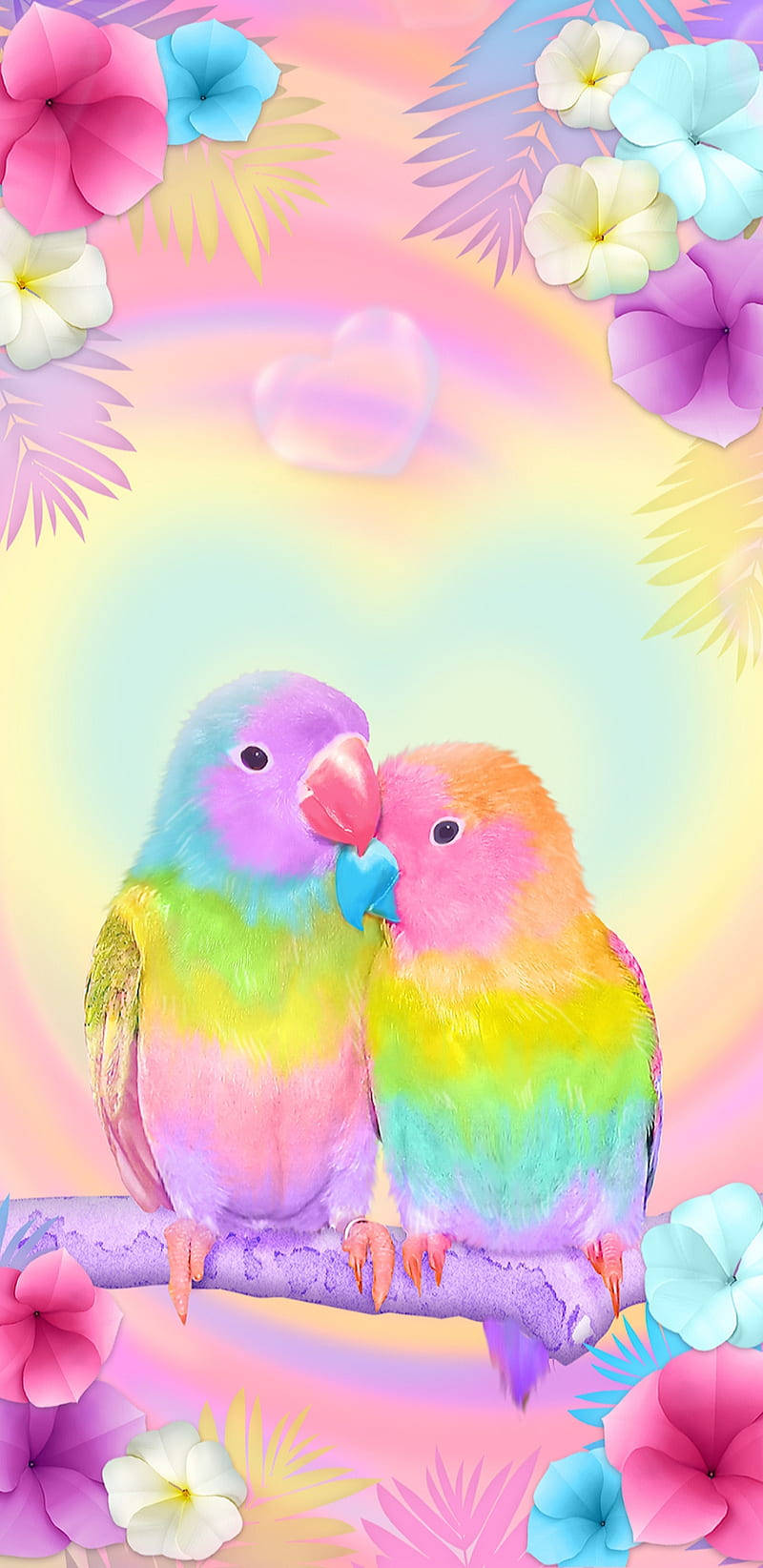 birds 桌布 壁紙 — 兩隻彩虹色的愛情鳥棲息在樹枝上，周圍環繞著熱帶花朵和柔和的粉彩漸變天空。