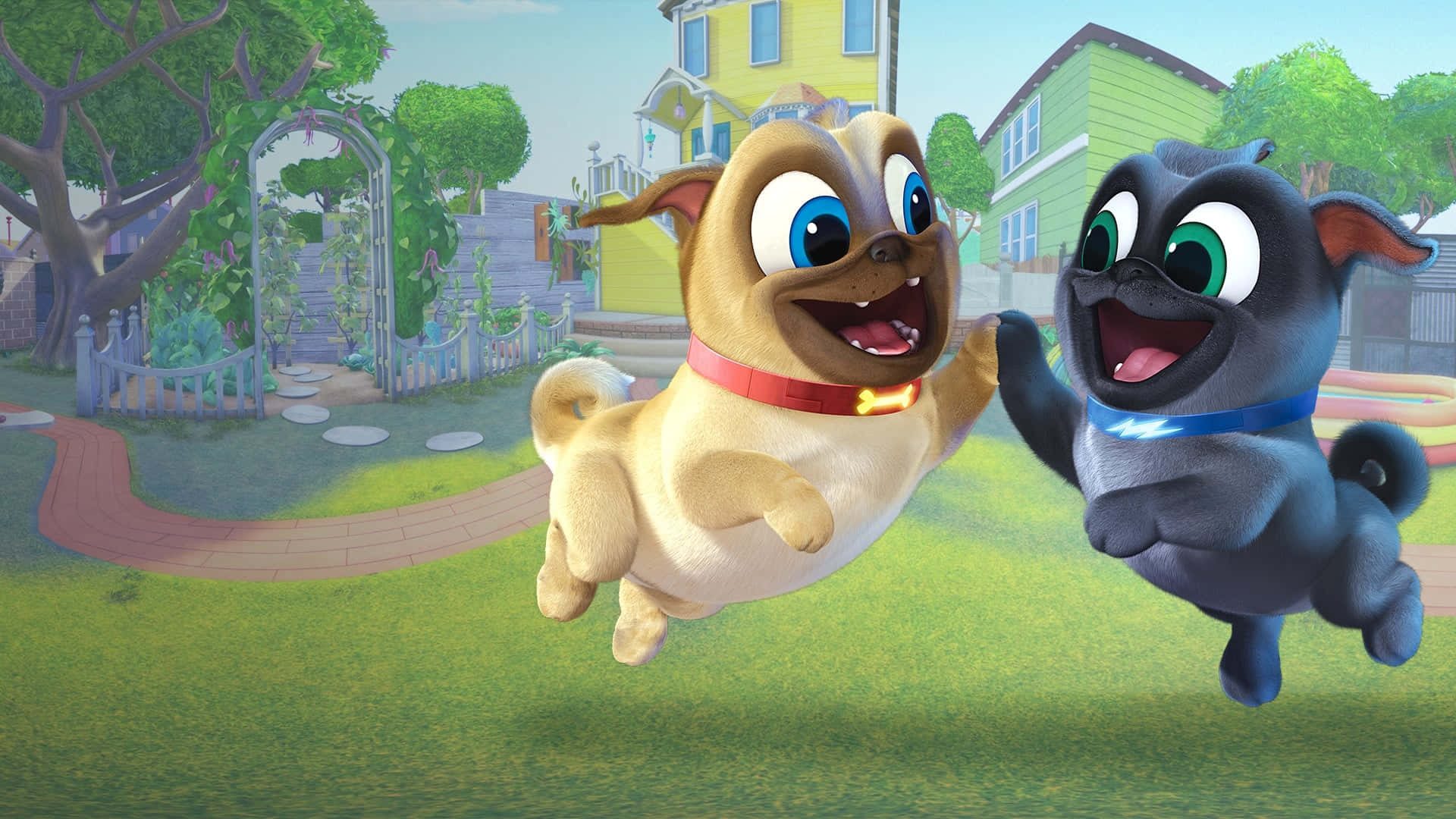 Puppy Dog Pals 桌布 壁紙 — 兩隻快樂的卡通小狗在色彩繽紛的房屋和茂密綠意的活力郊區後院跳躍。