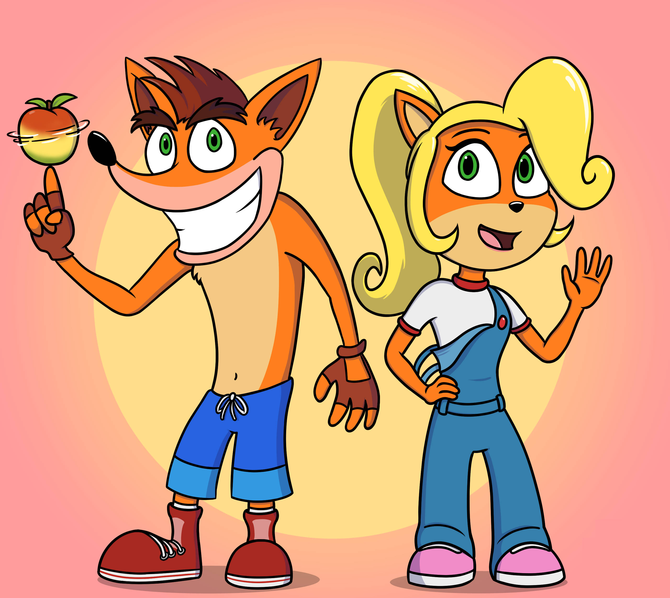 Bandicoot 桌布 壁紙 — 兩隻快樂的卡通狐狸，一隻在手指上平衡蘋果，另一隻在柔和的粉紅色日落漸變背景前揮手。