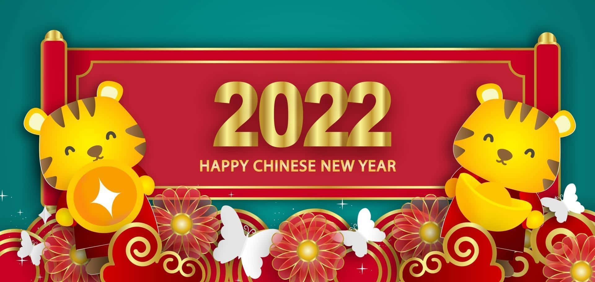 Chinese New Year 2022 桌布 壁紙 — 兩隻快樂的卡通老虎夾著一個紅色橫幅，上面有金色的2022和Happy Chinese New Year文字，並飾有花朵和蝴蝶。