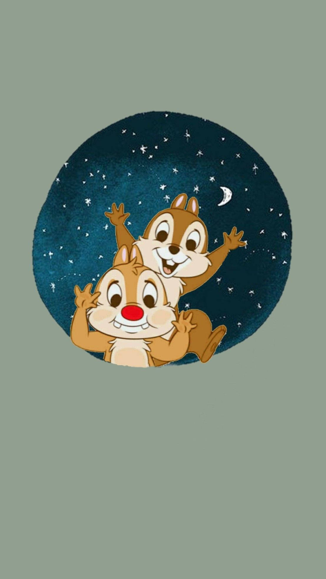 Chip 桌布 壁紙 — 兩隻快樂的卡通花栗鼠在繁星點點的夜空下，對著新月愉快地揮手。